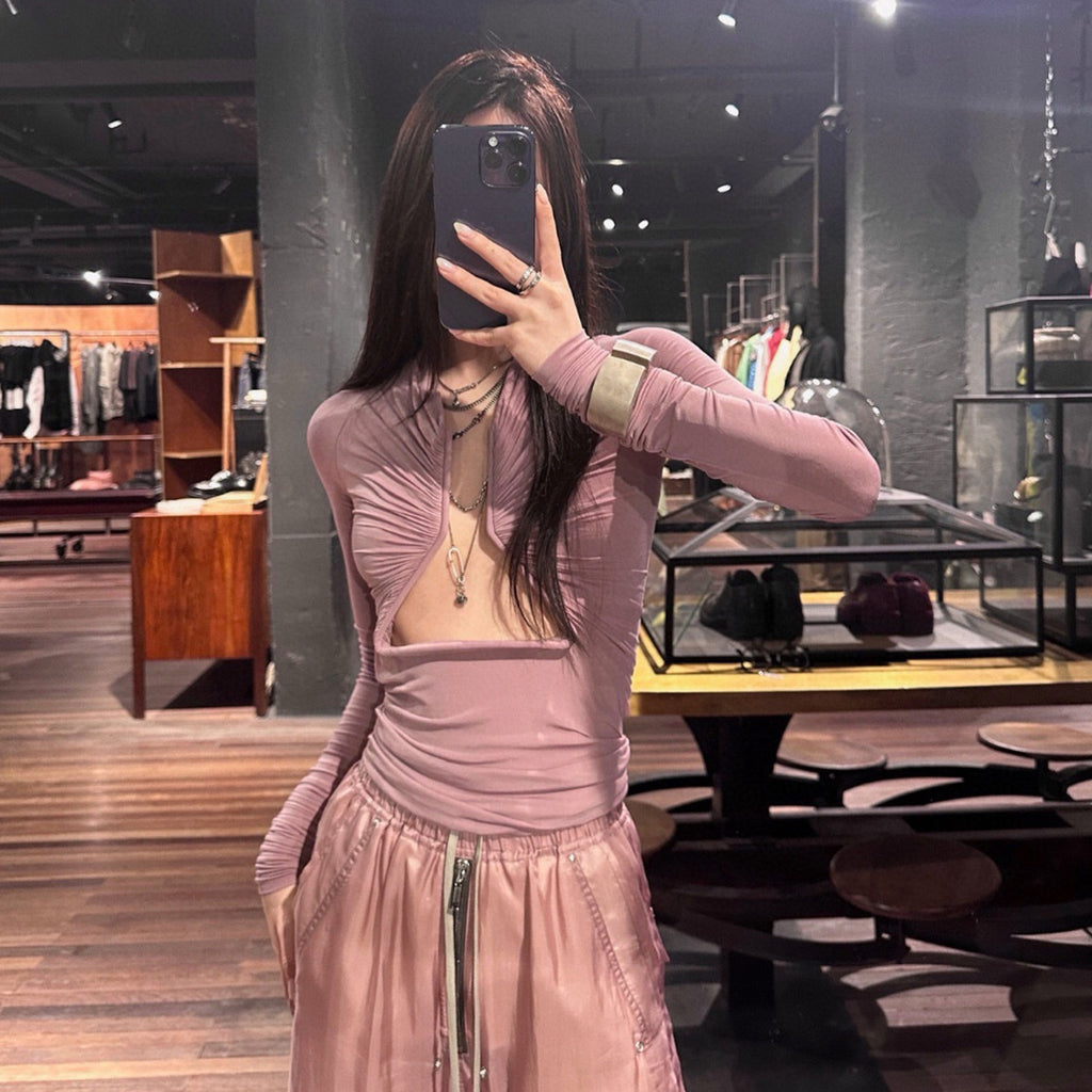 Women's Spring And Autumn Solid Color Hollow Structure Top Long Sleeve Sexy Fashion Versatile Tops Ngvp #9132