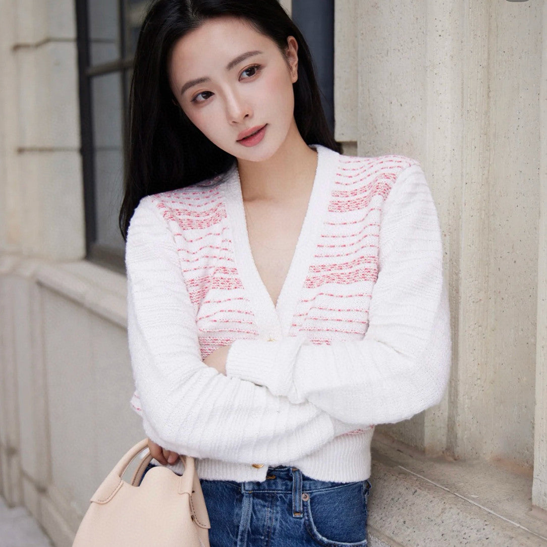 Women's Spring & Autumn Colorblocking Striped Knit Sweater Wool V-Neck Long Sleeve Fancy Cardigan Ngvp #9388