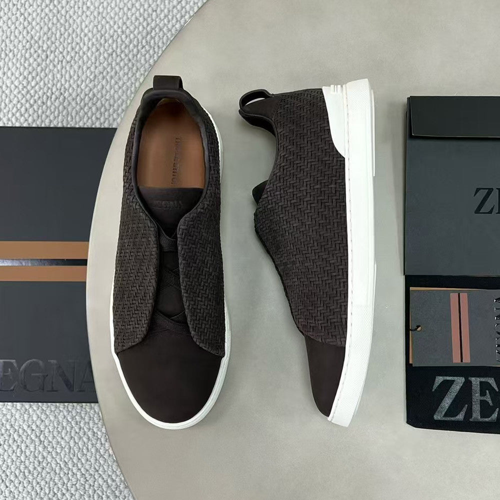 Ermenegildo Zegna Stitch Men's Solid Color Round Toe Slip-On Woven Leather Casual Skate Shoes #77926