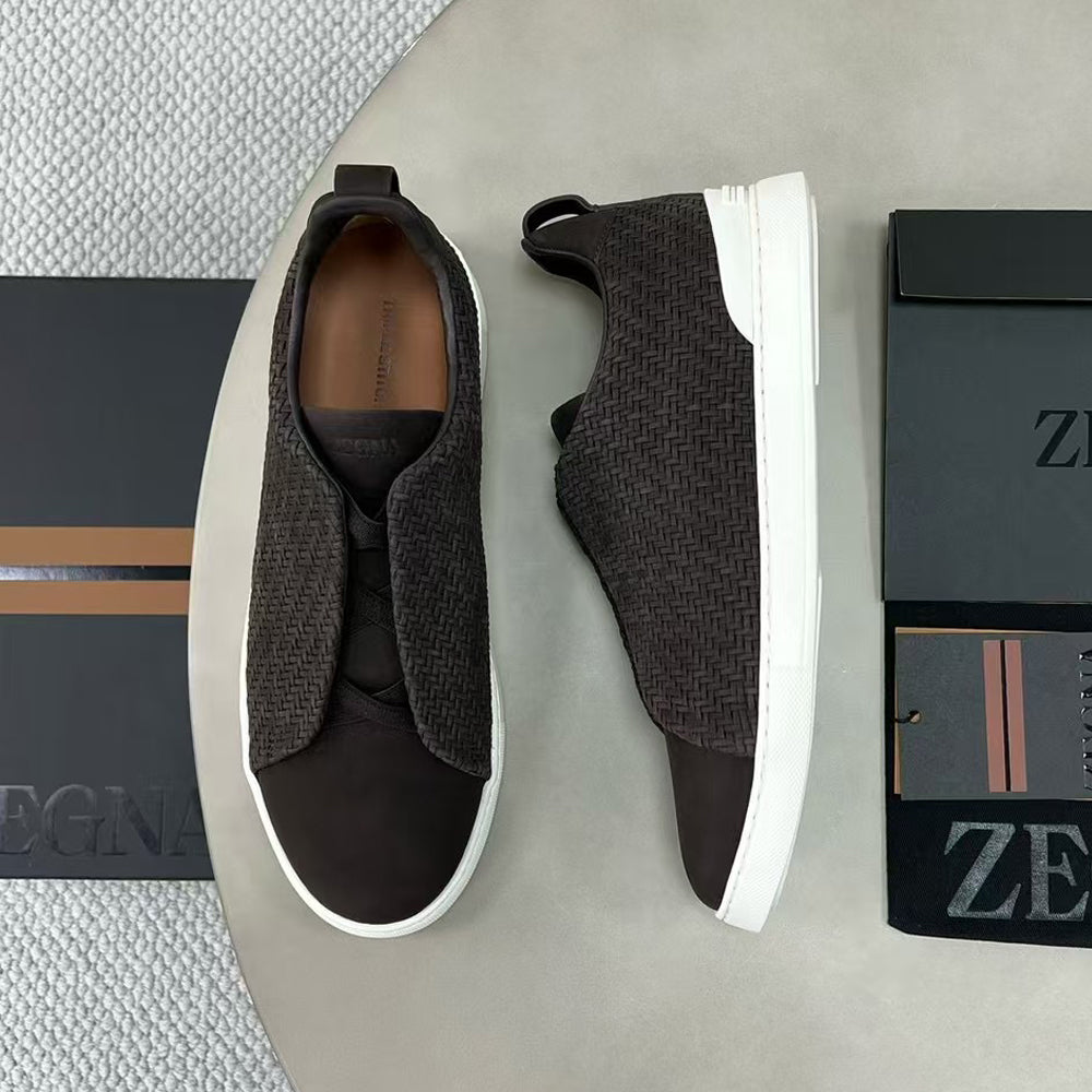 Ermenegildo Zegna Stitch Men's Solid Color Round Toe Slip-On Woven Leather Casual Skate Shoes #77926