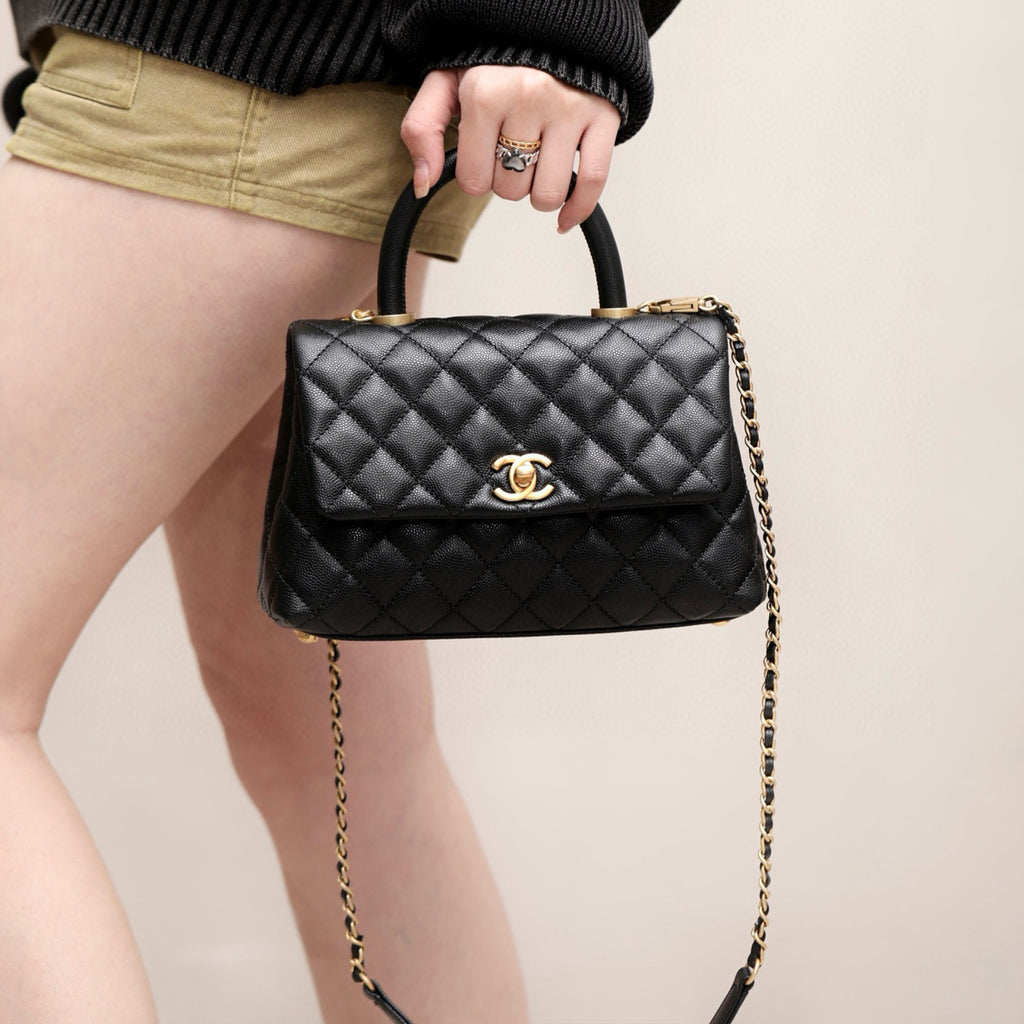 COCO Handle 16 Classic Logo Black Gold Leather Caviar Chain Shoulder Crossbody Mini Small Medium Women's Spring Summer Black Bag Bags #81386