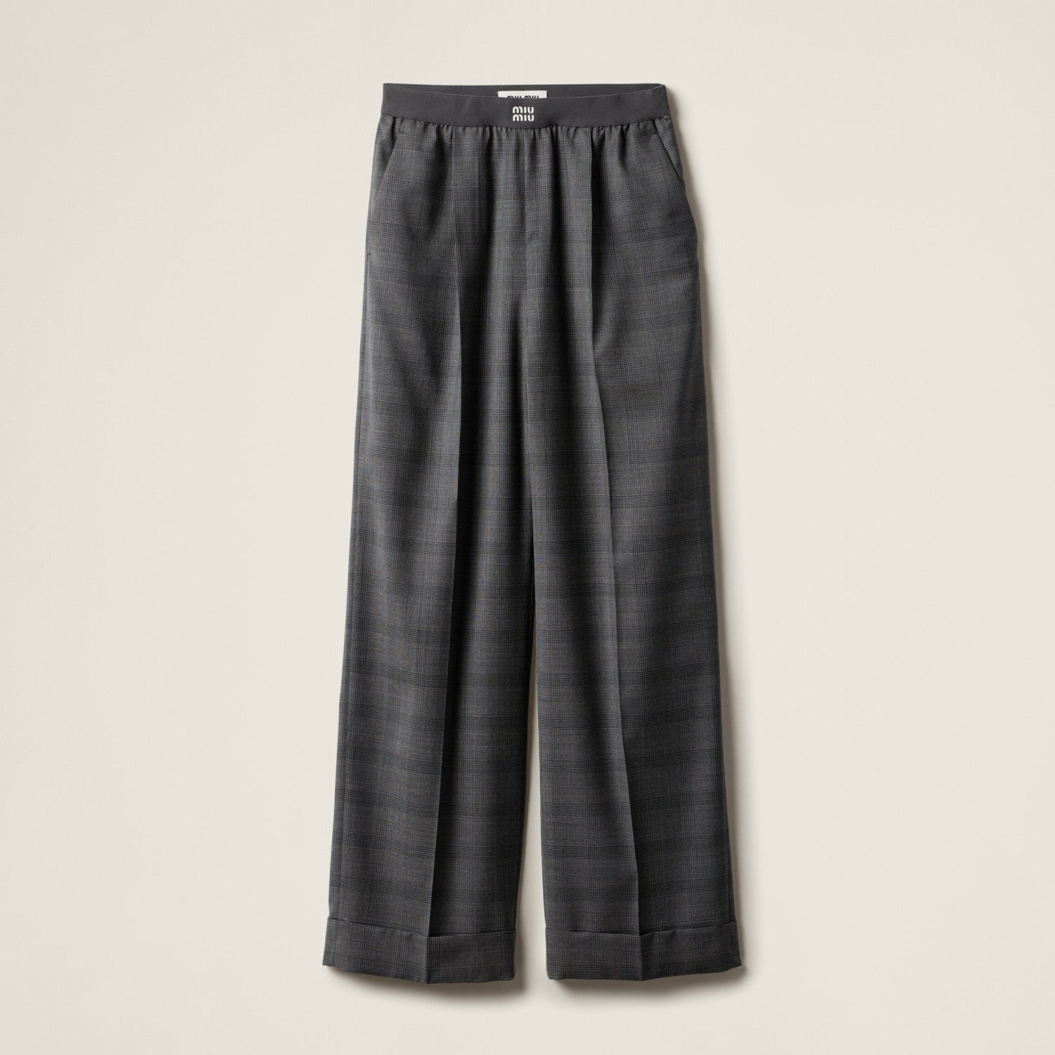 Women's Spring and Autumn Gray Check Elastic Mid Waist Wide Leg Casual Pants #74783