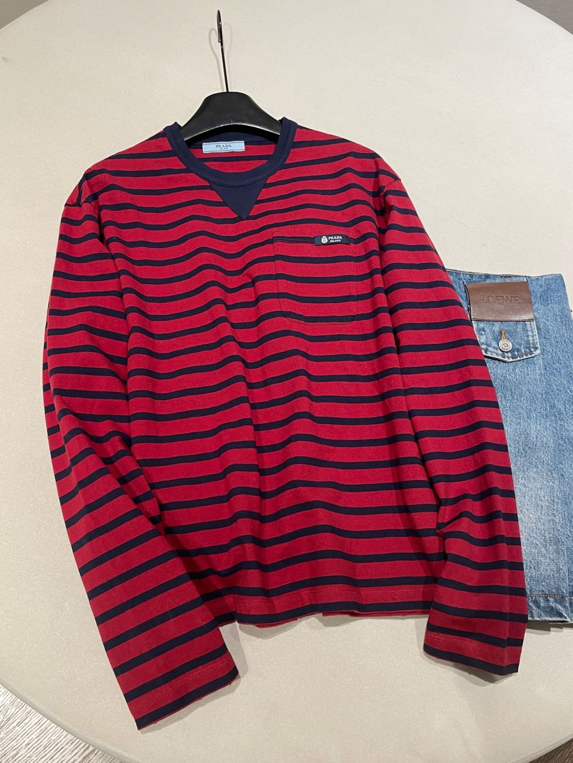 Women's Autumn/Winter 2025 Red and blue stripes Pure cotton long-sleeved T-shirt Sweatshirt #194159