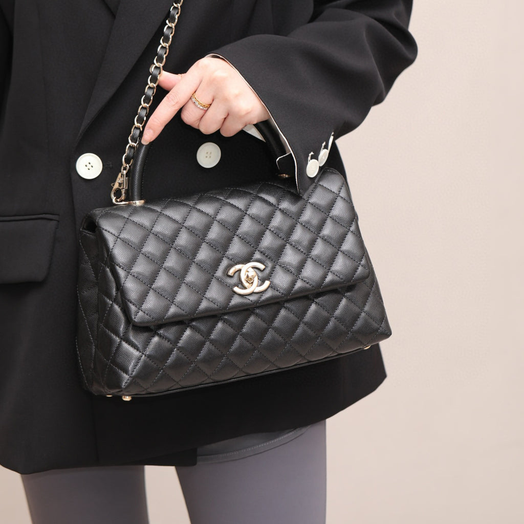 COCO Handle 16 Classic Logo Black Gold Leather Caviar Chain Shoulder Crossbody Mini Small Medium Women's Spring Summer Black Bag Bags #81386