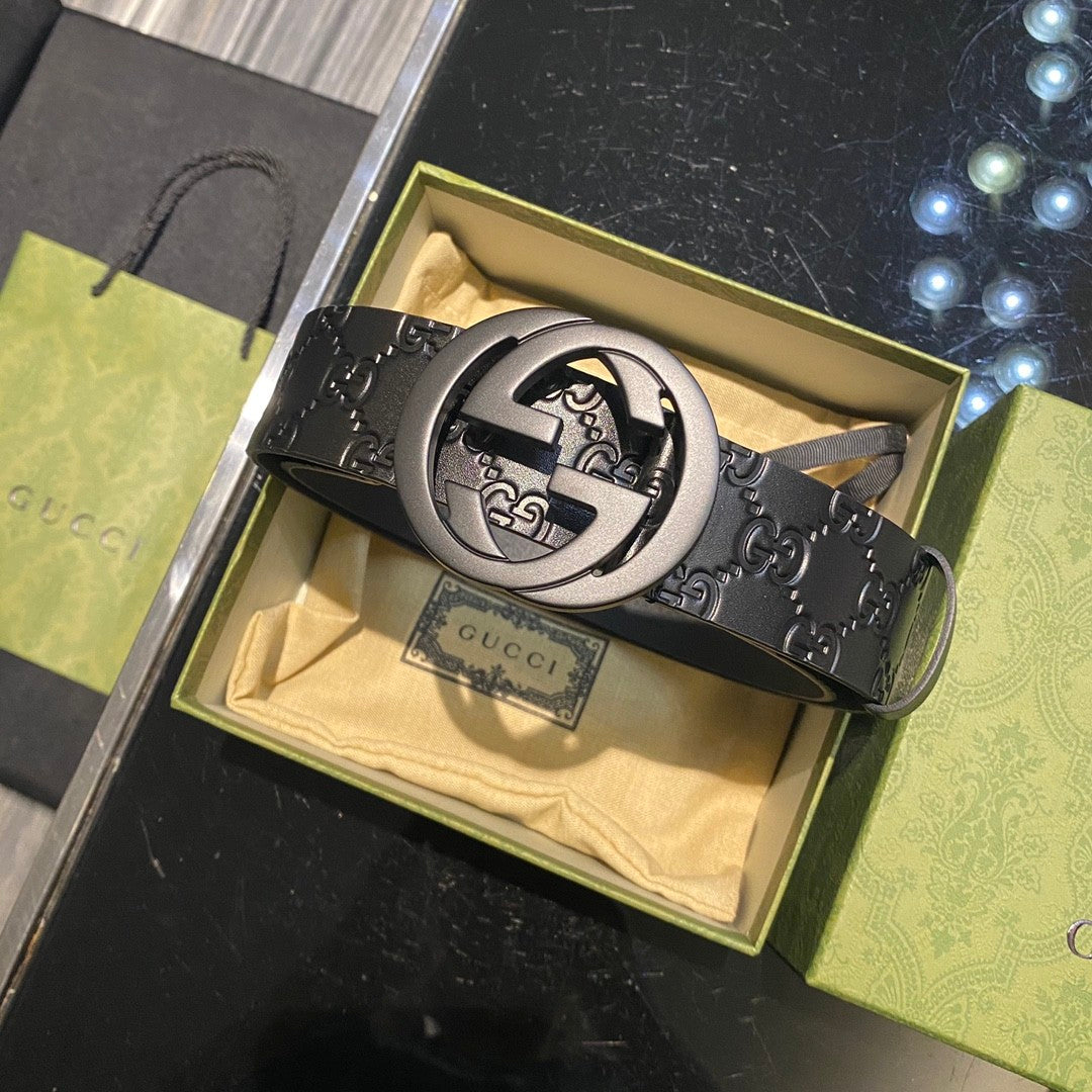 Men's Gold Logo Smooth Buckle Black Leather Thin Belt Width 3.8cm #72694