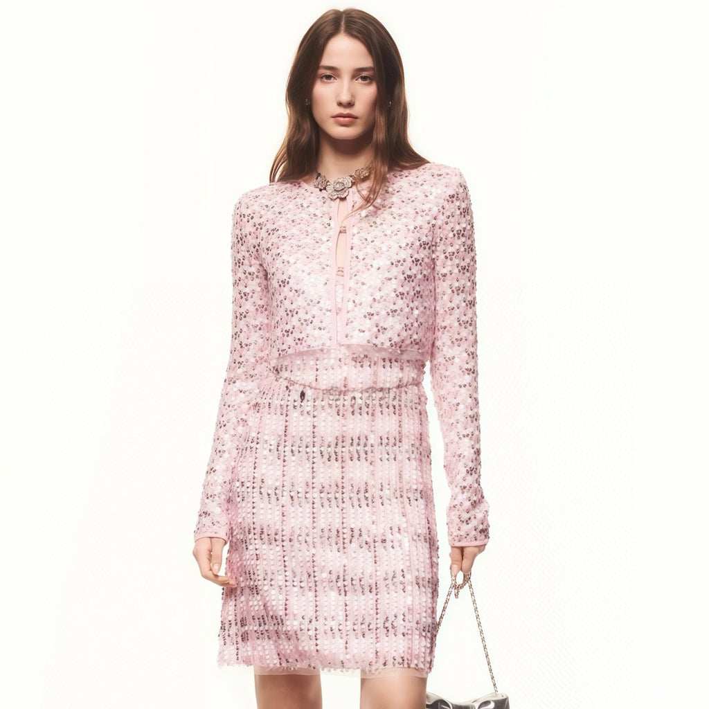 Women's Spring And Summer Sequin Design Round Neck Single-breasted Pink Long sleeved Knit Sweater Jacket #73656