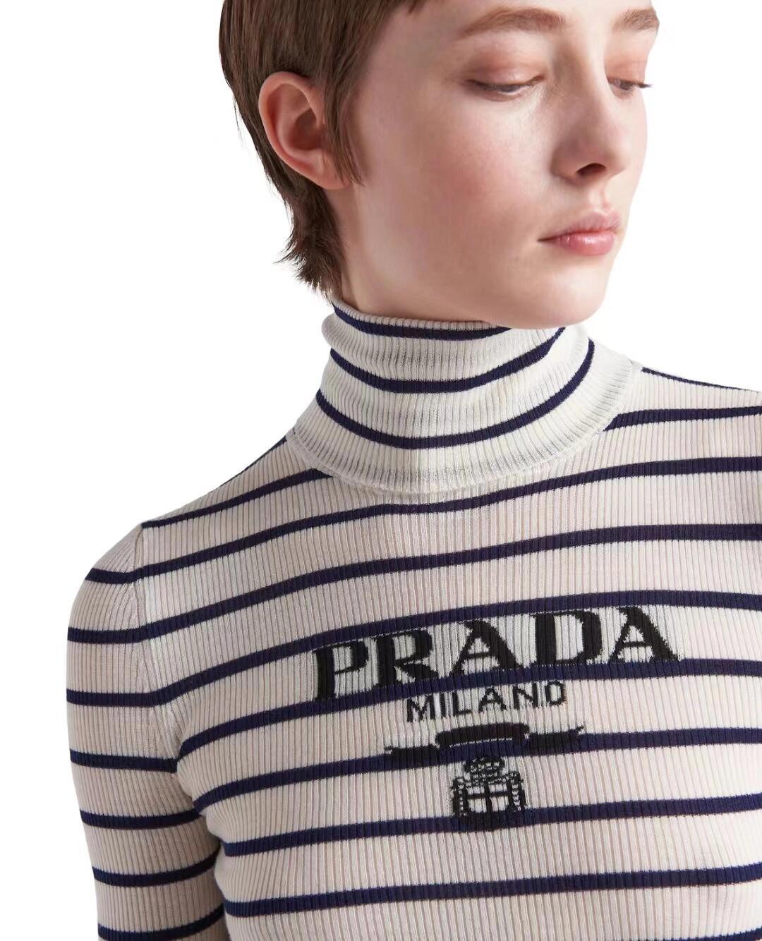 Women's Spring and Autumn Striped Printed Letter Insert High Neck Pullover Wool Sweater #75136