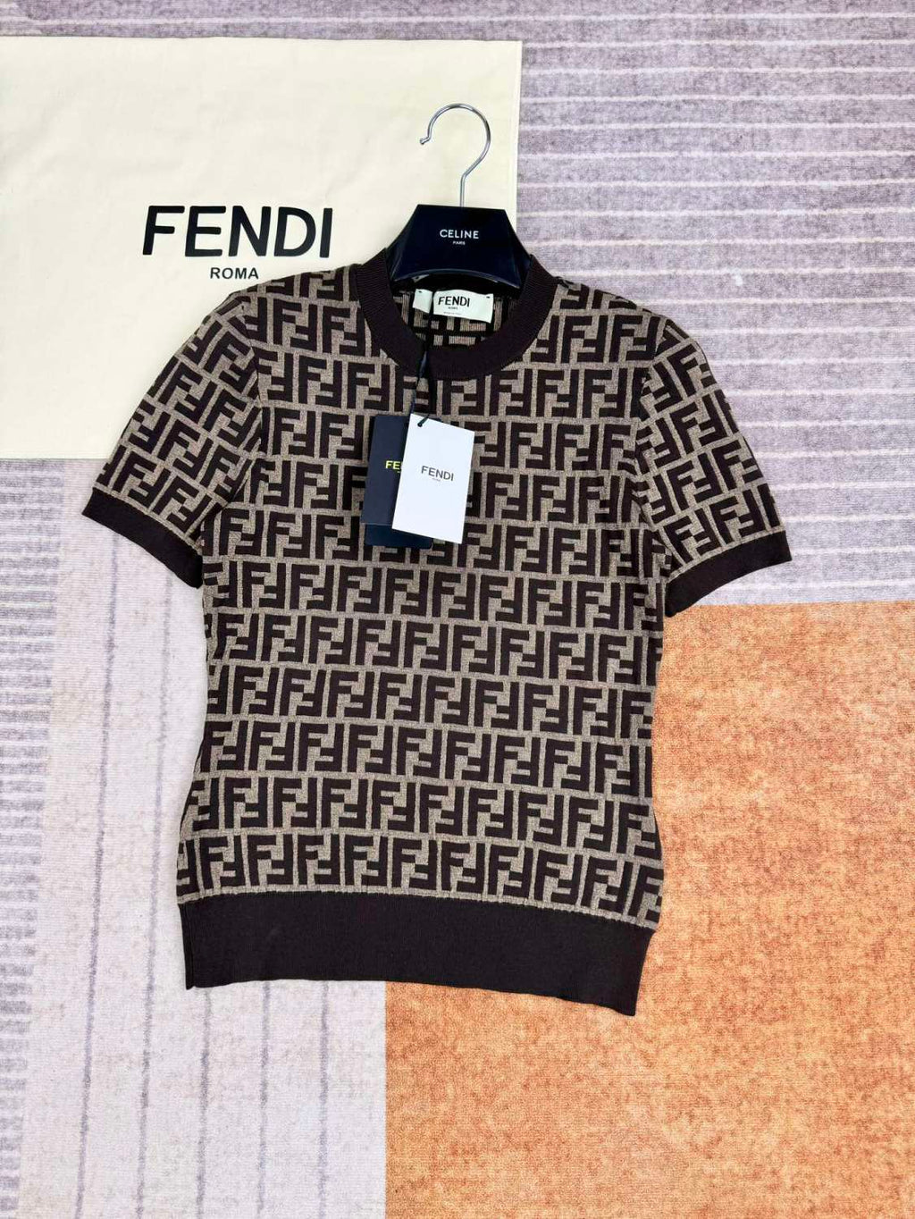 Women's Summer Brown FF Printed Cotton Jersey Top. Fitted Short Sleeve T-Shirt #72932