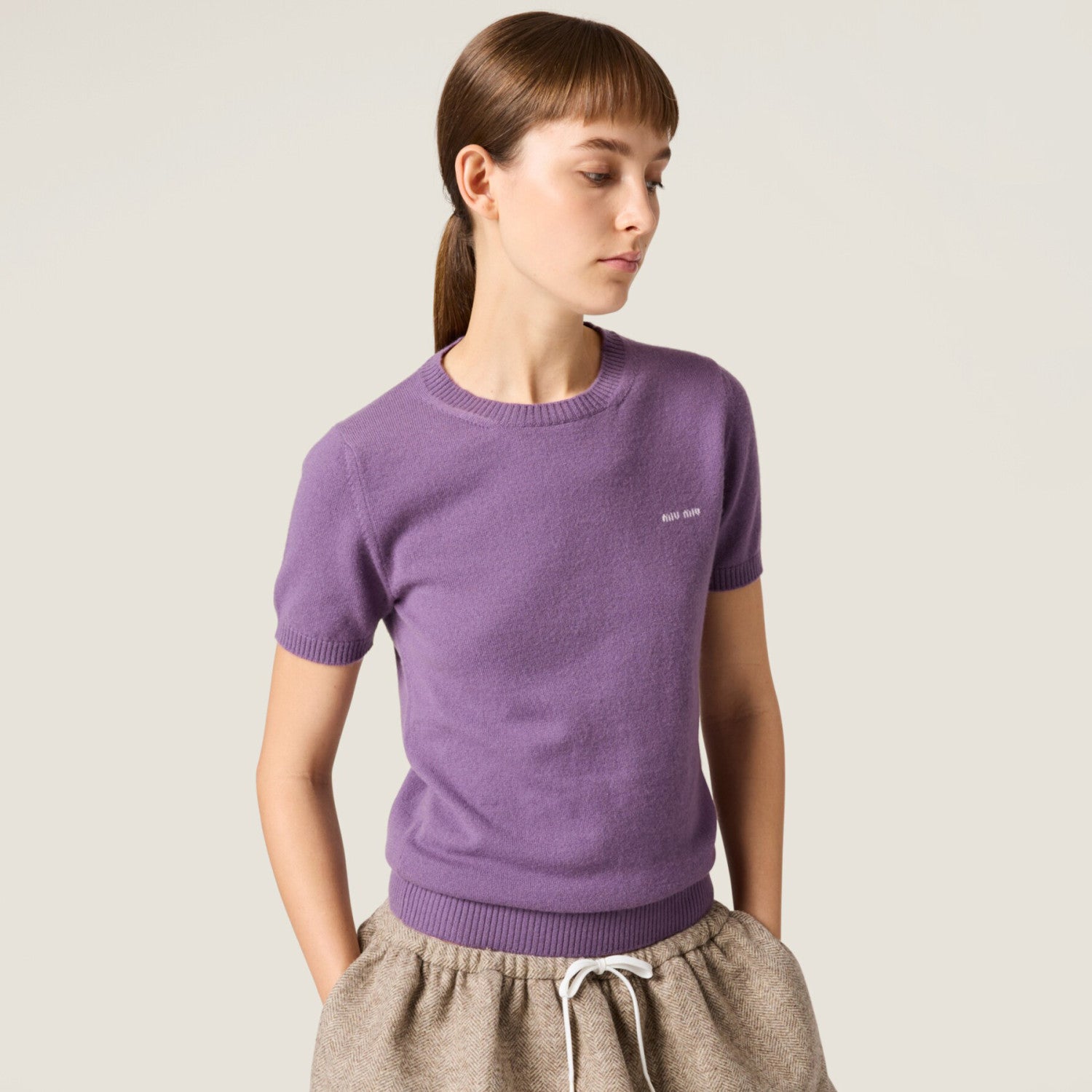 Women's Summer Solid Color Logo Applique Cashmere Short Sleeve Knit T-Shirt Long Sleeve Single Breasted Knit Shirt #73397