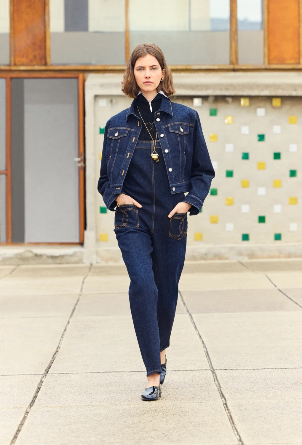 Women's Spring and Autumn Blue Double C Embroidered Pocket Straight Jeans Bib Pants #74778