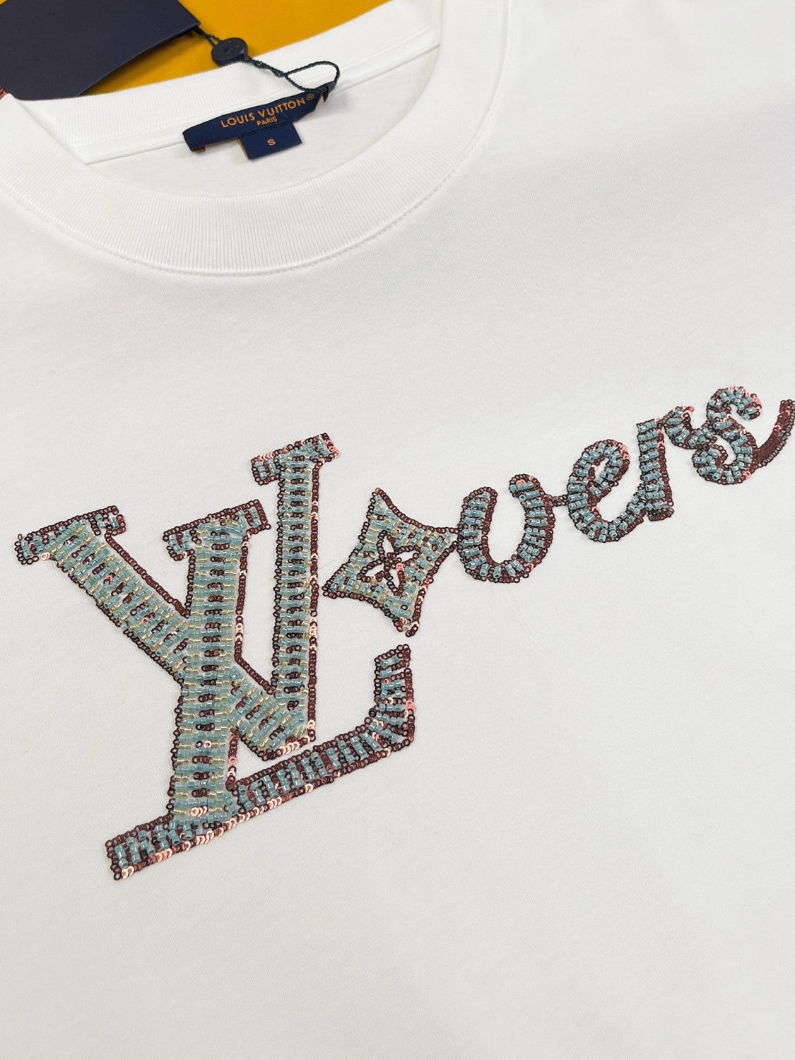 Men's Summer Logo Beaded Embroidery White Cotton Round Neck Short Sleeve T-Shirt #98378