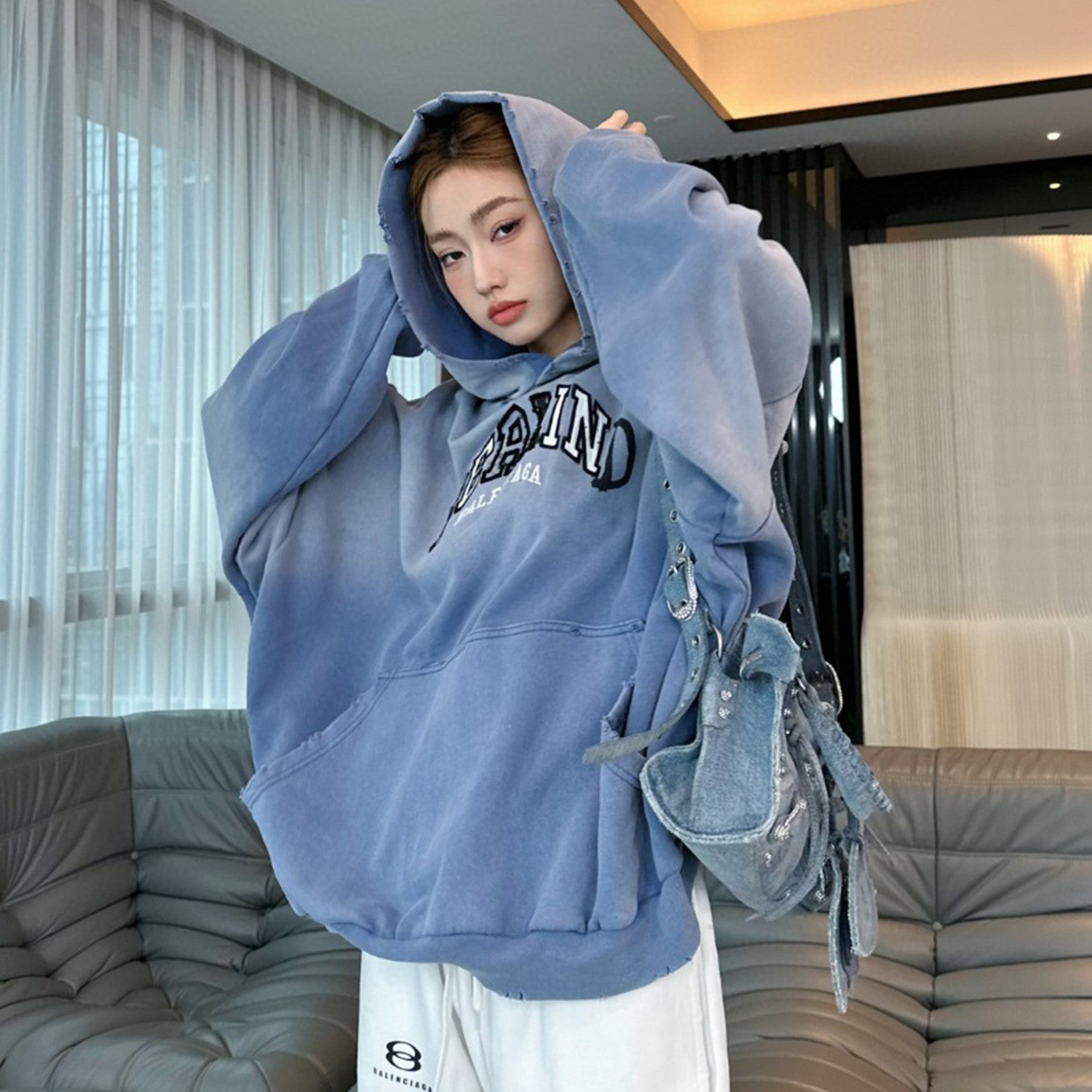 Men's Women's Spring And Autumn Printed Embroidery Silhouette Hooded Sweatshirt Vintage Casual Do-over Sweatshirt  #98661