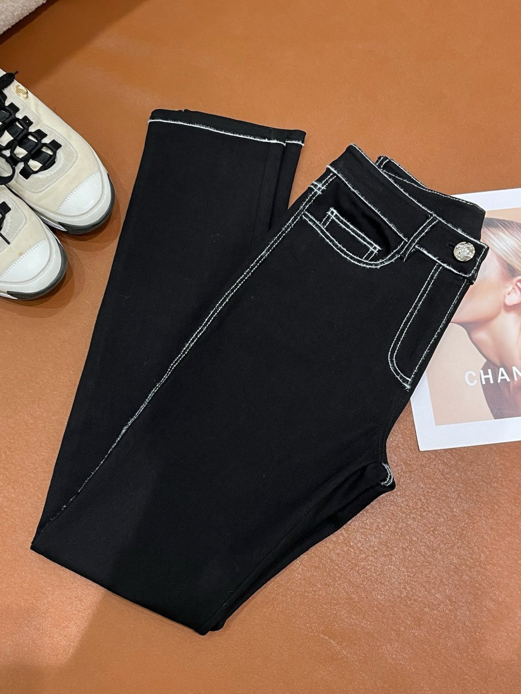 Women's Autumn and Winter Solid Color White Line Casual Jeans Pants #74131