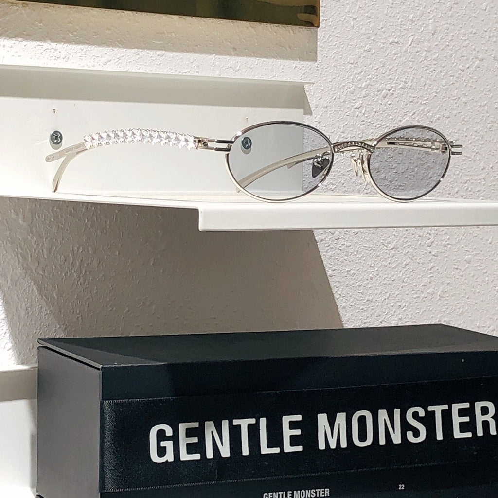Gentle Monster Jennie - Barrette 02 Women's Fashion Jentle Salon Collection Sunglasses Oval Silver Diamond Metal Frame Trendy Eyewear Glasses  Accessories Ngvp #9242