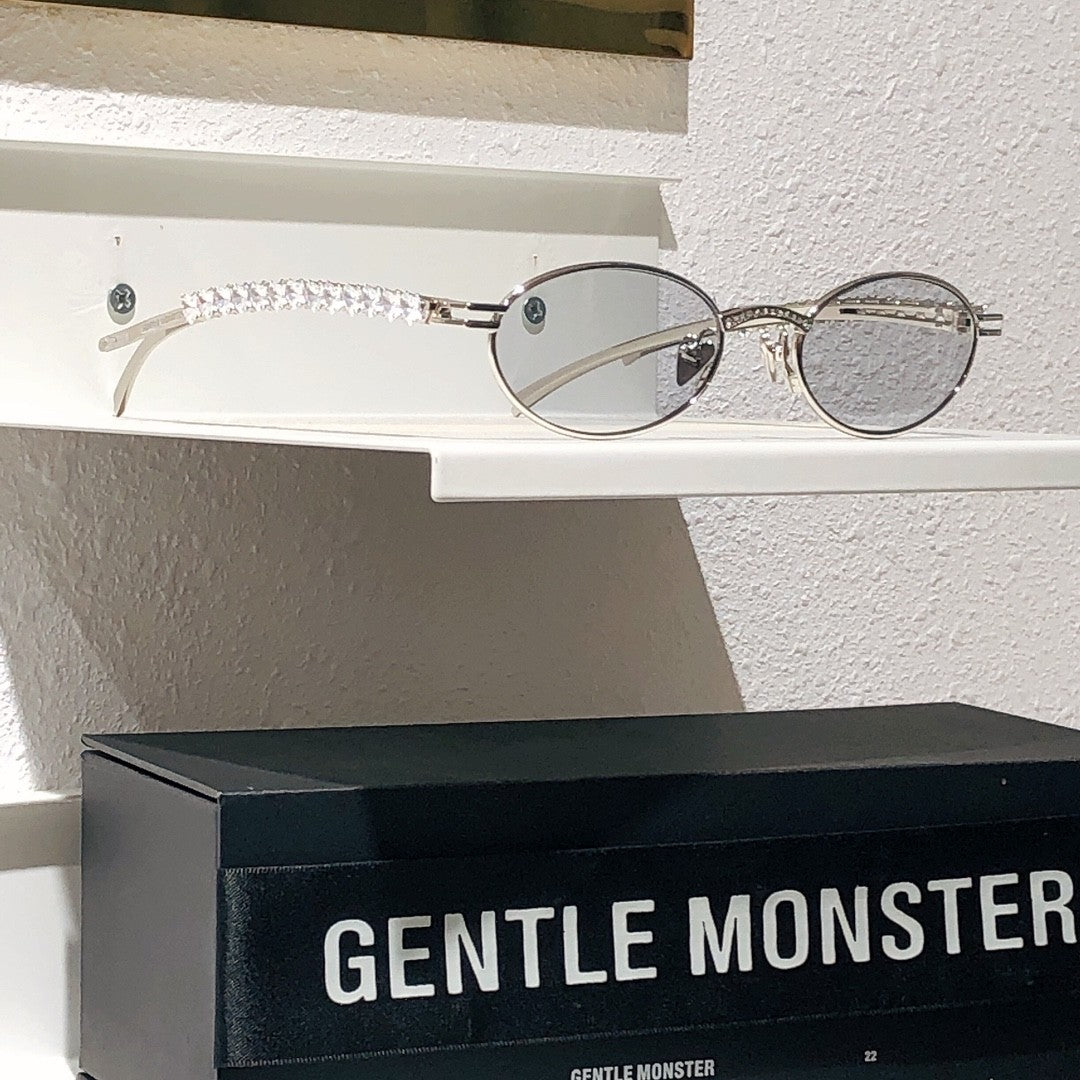 Gentle Monster Jennie - Barrette 02 Women's Fashion Jentle Salon Collection Sunglasses Oval Silver Diamond Metal Frame Trendy Eyewear Glasses  Accessories Ngvp #9242