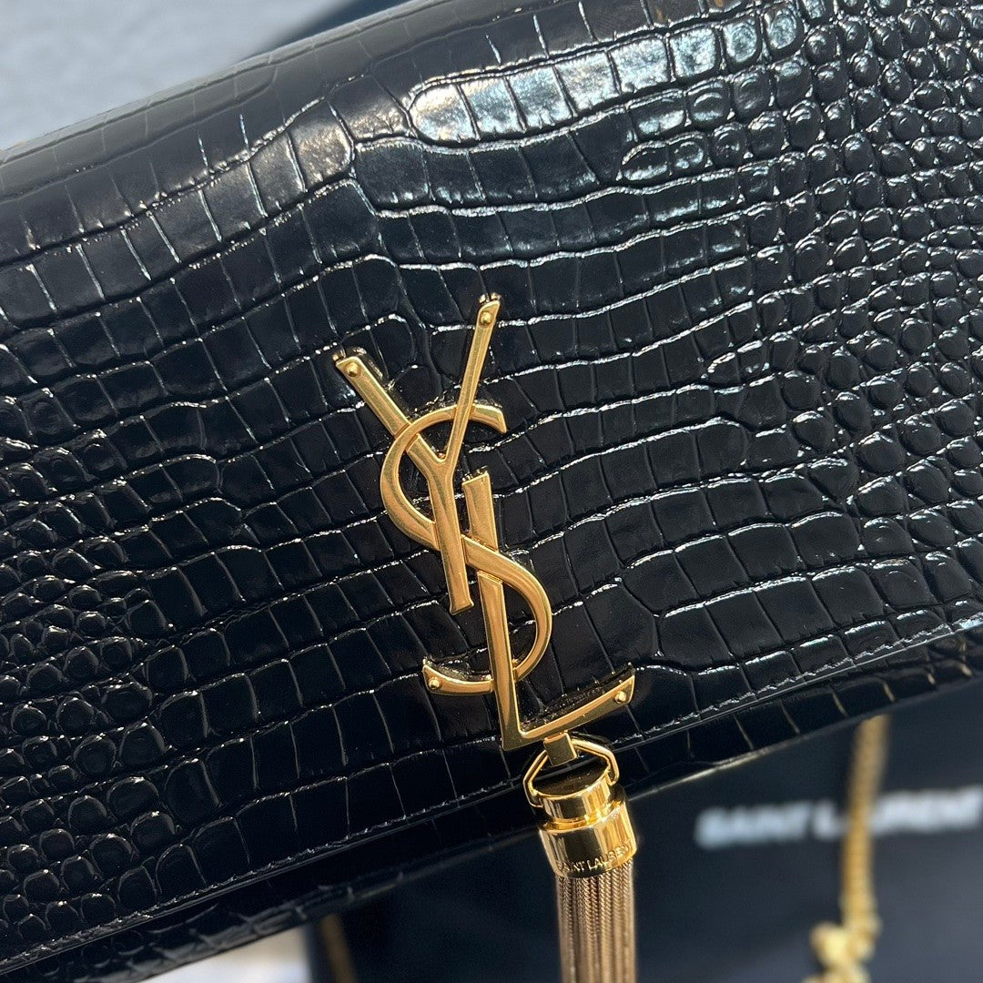 YS Women Black Gold Label Logo Chain Crocodile Embossed Glossy Cowhide Crossbody Shoulder Bag Bags #74268