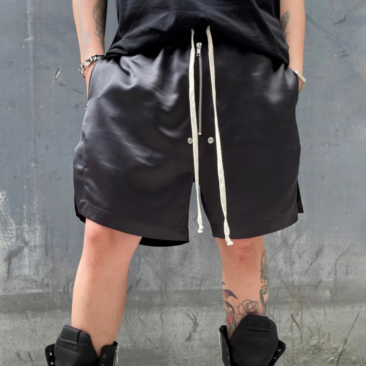 DRKSHDW Men Women Summer Black Zipper Elastic Drawstring Casual Straight Fit Shorts Ngvp #8835