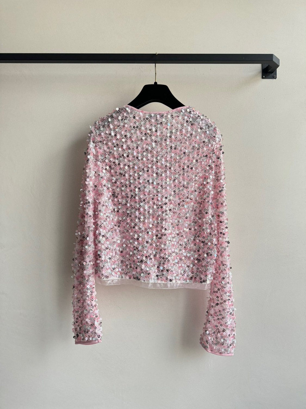 Women's Spring And Summer Sequin Design Round Neck Single-breasted Pink Long sleeved Knit Sweater Jacket #73656