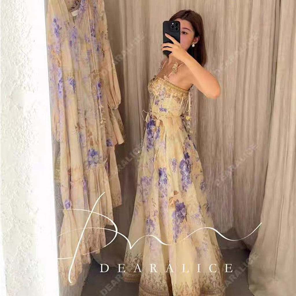 Dawning Picnic Dress Women's Spring And Summer Silk Linen Mid-length Dress Heart-shaped Neckline Spaghetti Straps Large Hem Dress Fashionable Temperament Elegant Luxury Dresses #81131