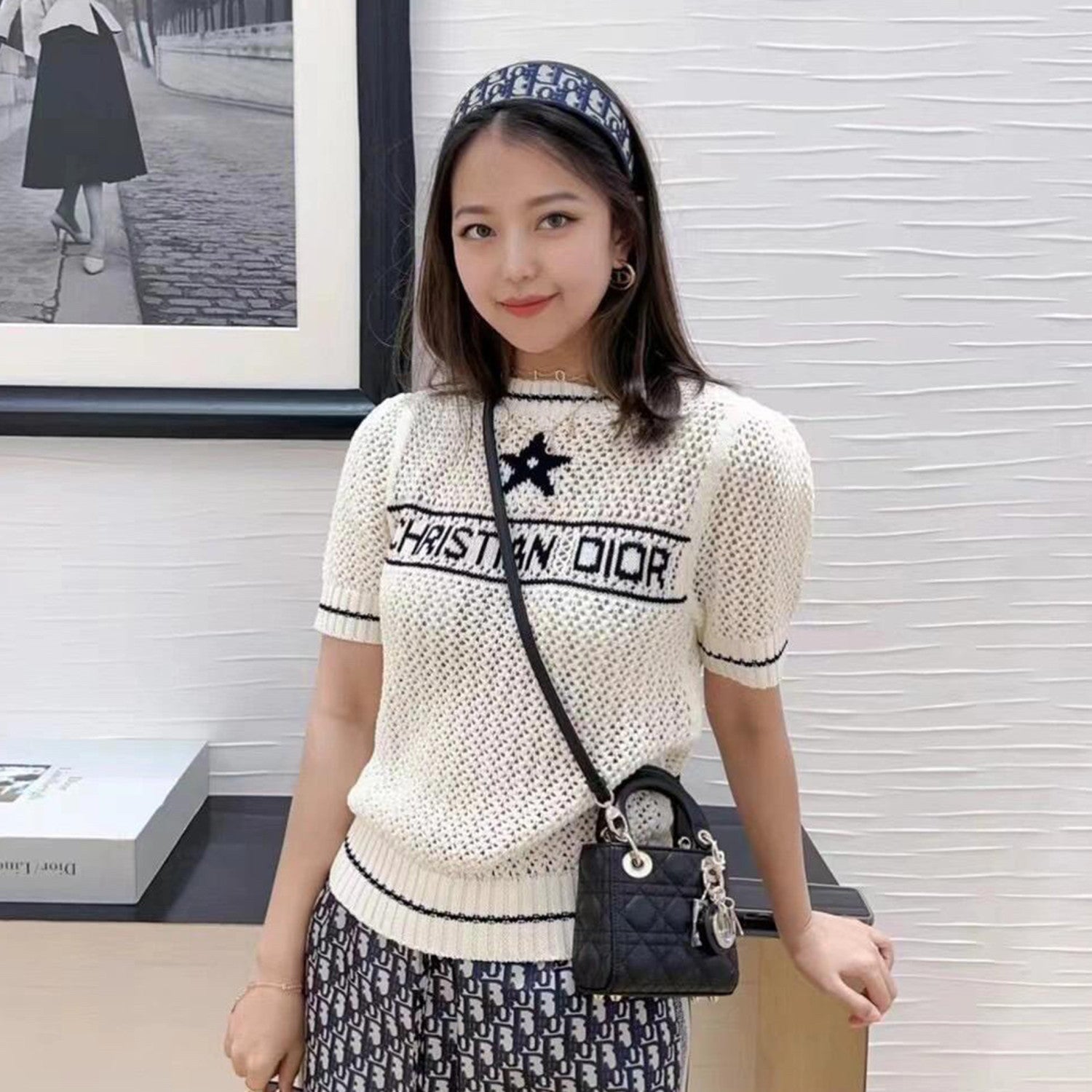 Women's Spring And Autumn Logo Embroidery Hollow Cotton Round Neck Knit Short Sleeve Sweater #71365