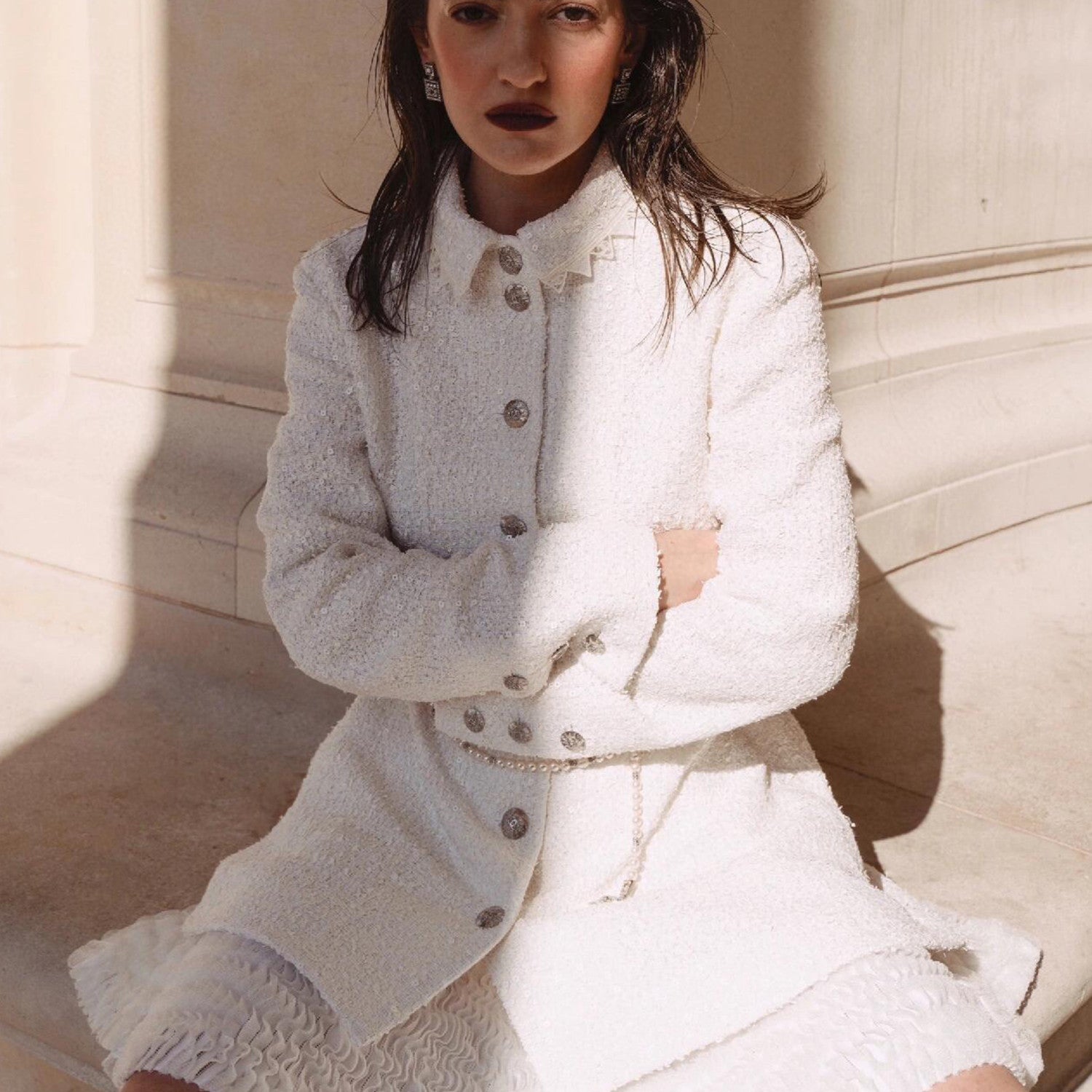 Women's Spring And Autumn White Sequin Lapel Single Breasted Coarse Tweed Waist Jacket Dress Ngvp #8526