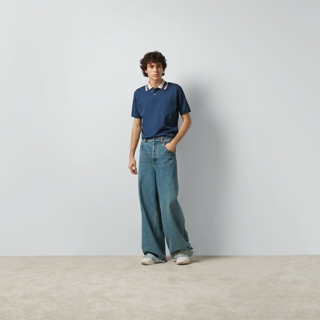 GG Men's Summer Blue Striped Trim Cotton Polo Neck Short Sleeve T-Shirt #98686