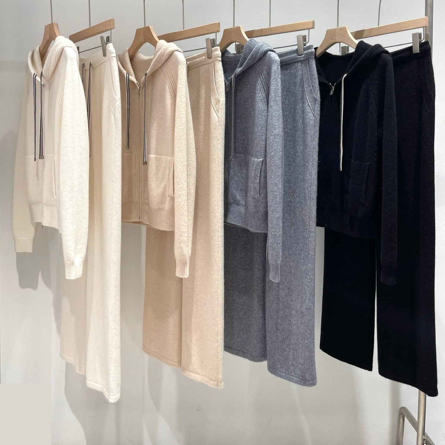 Women's Spring And Autumn Fashion Casual Knitted Drawstring Hooded Suit Long Pants Long Sleeve Solid Color Cashmere Sweater Ngvp #8772