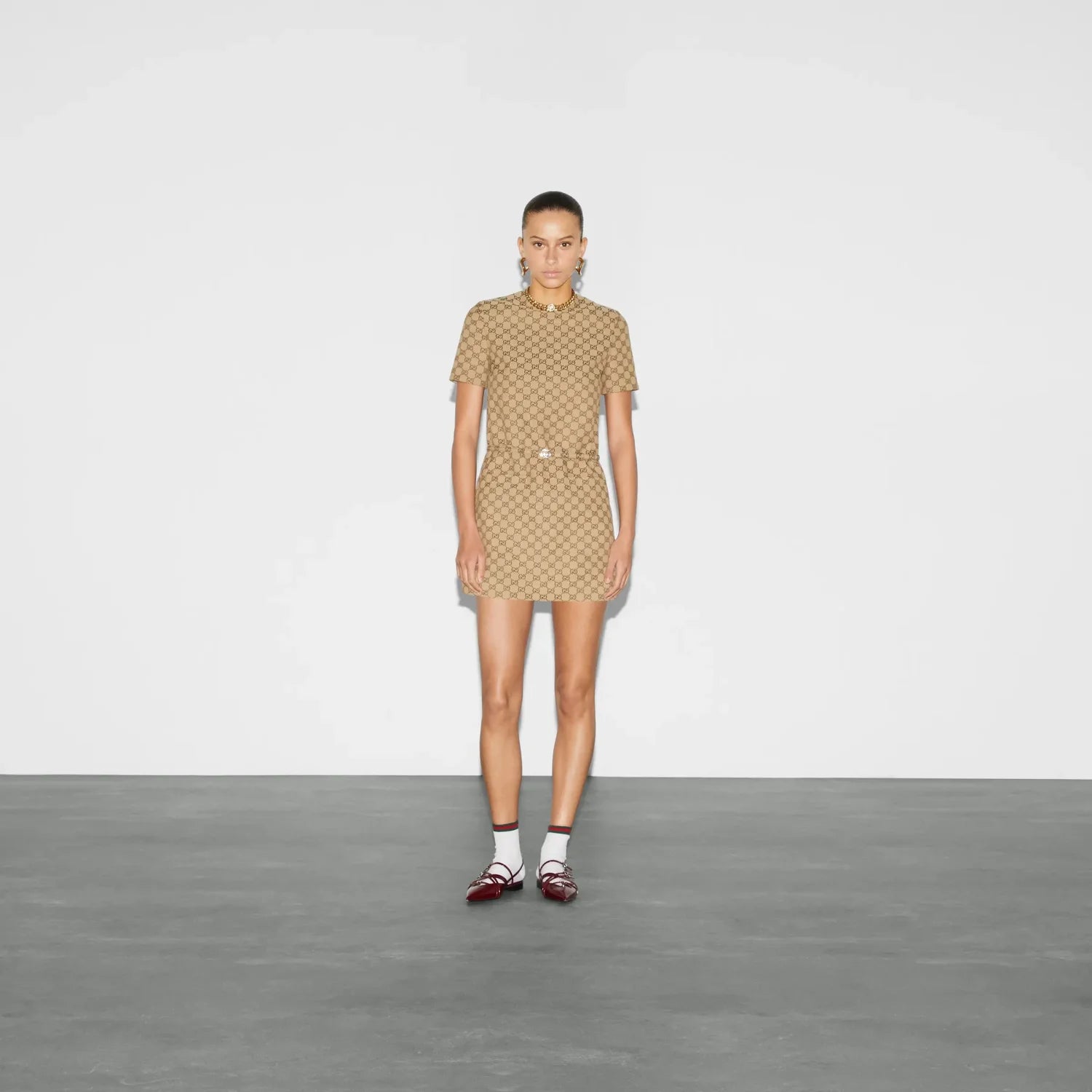 Women's Summer GG Jacquard Round Neck Canvas Short Sleeve Solid Color Fitted Dresses #71756