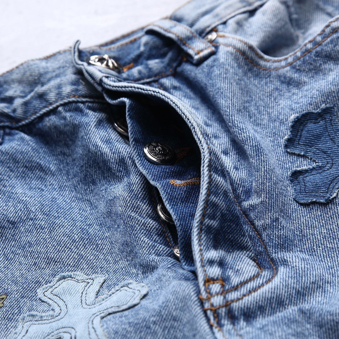 Men's Summer Cross Embroidered Straight Casual Solid Color Washed Denim Shorts #72326