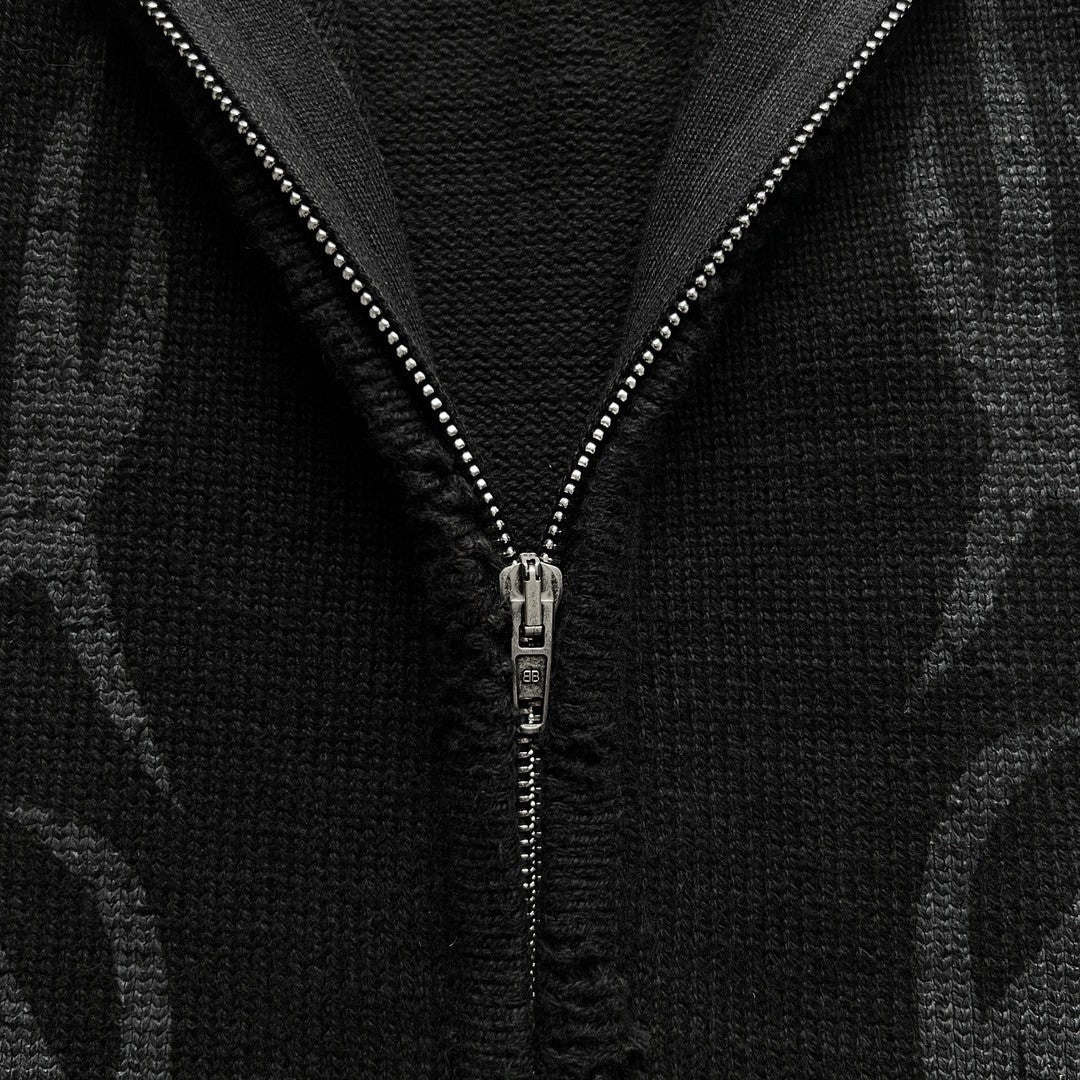 Men's Spring And Autumn Y2K Old High Neck Zipper Pattern Printed Black Long Sleeve Loose Knit Cardigan Jacket Ngvp #9479