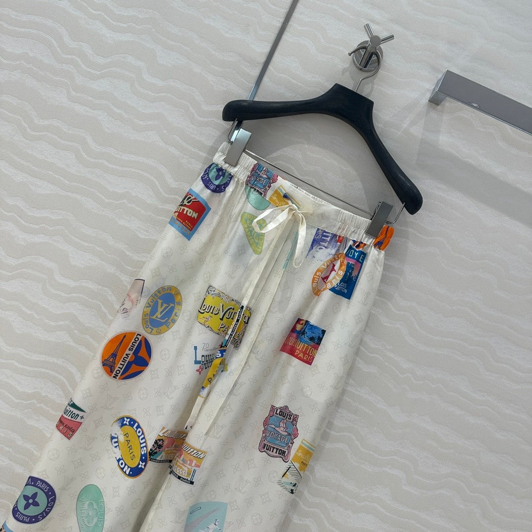 Women's Summer Solid Colour Badge Print Drawstring Straight Leg Casual Trousers Pants #76989