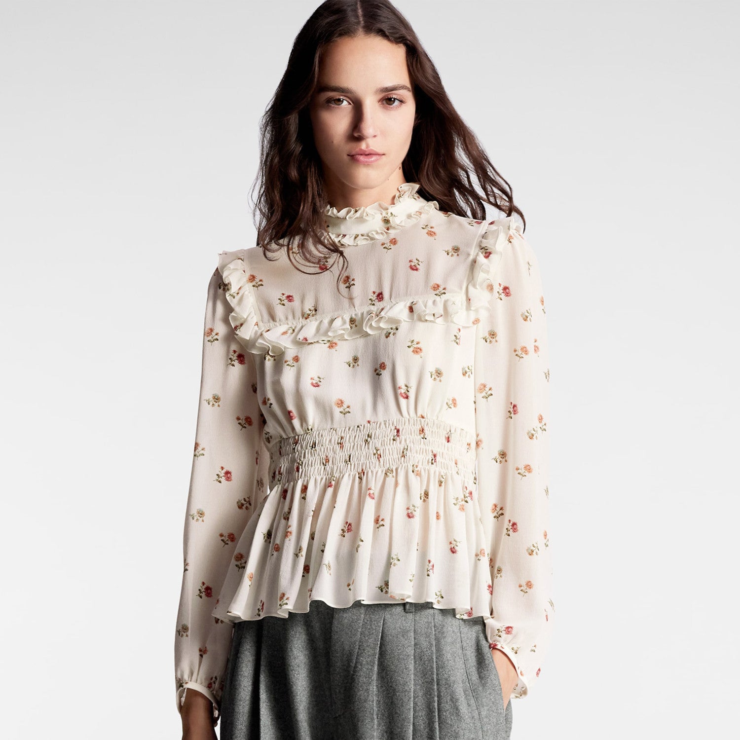 Women's Spring And Autumn Floral Printed Shirt Waisted Solid Silk Blouse Ruffled Long Sleeve Casual Fashion Tops Ngvp #8766