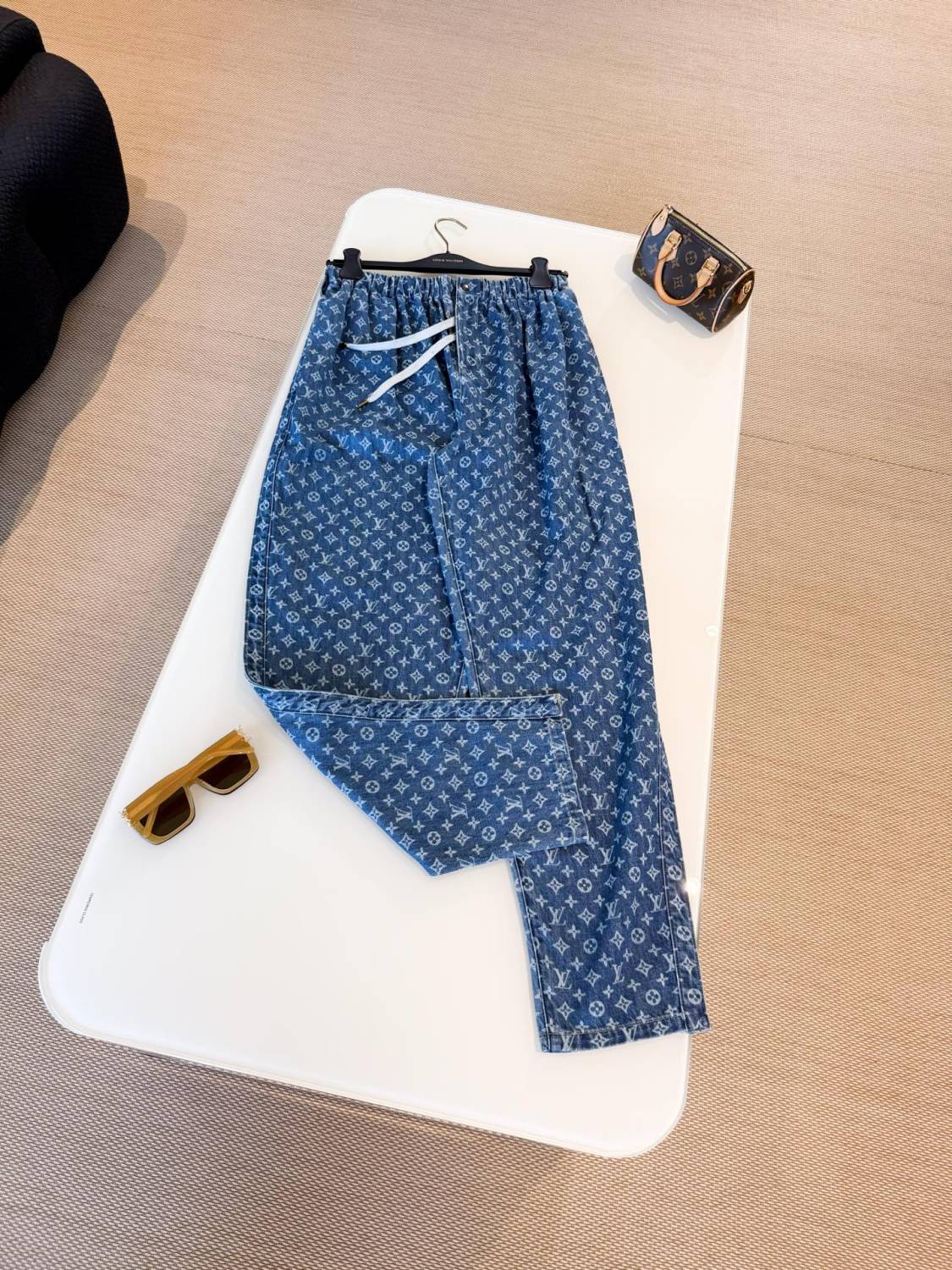 Monogram Jeans Women's Luxury Elastic Waist Drawstring Straight Jeans Fashion Temperament Trend Denim Pants  #81451