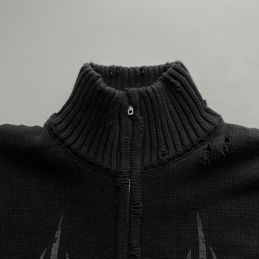 Men's Spring And Autumn Y2K Old High Neck Zipper Pattern Printed Black Long Sleeve Loose Knit Cardigan Jacket Ngvp #9479