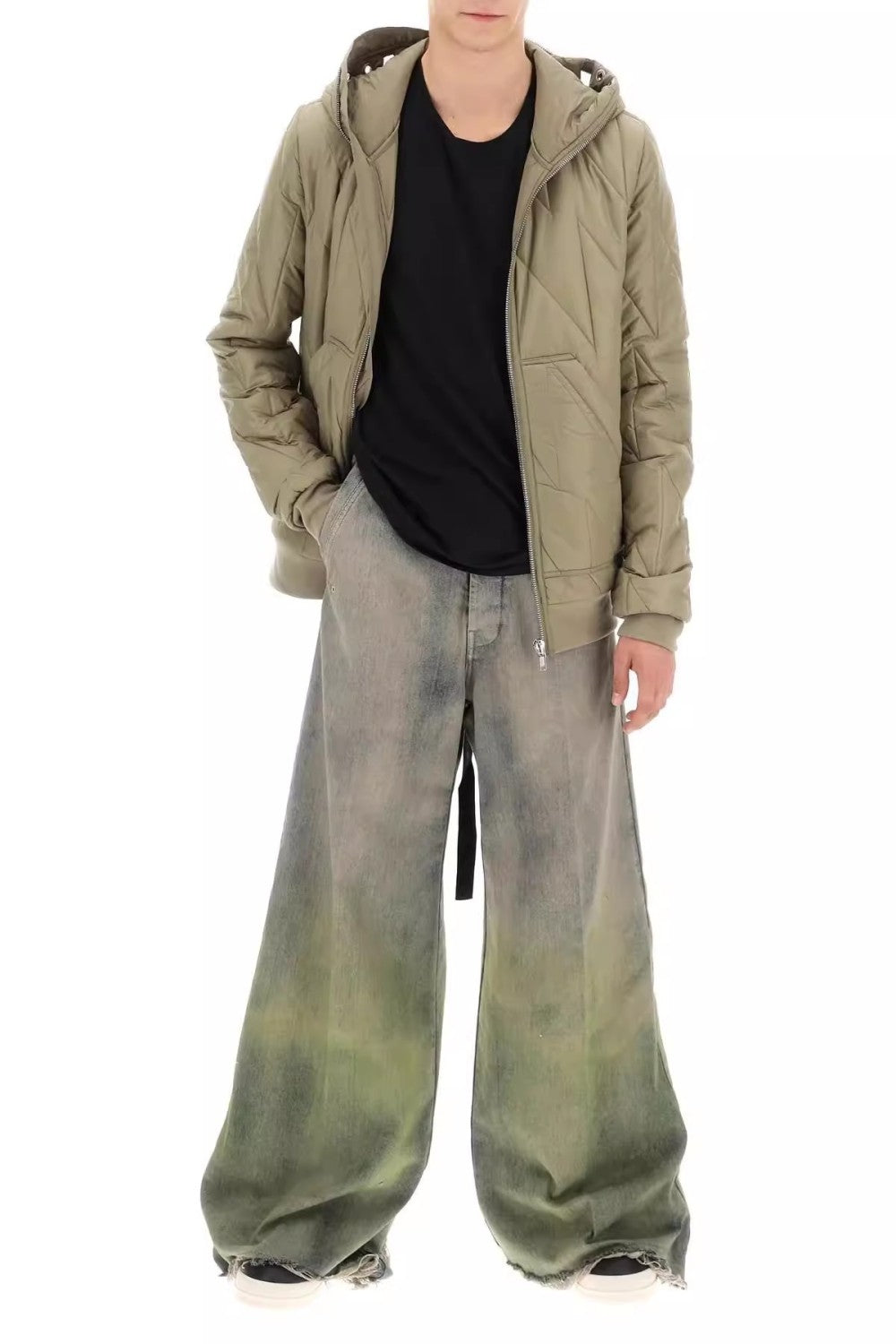 Men's Women's Four Seasons Gradient Yellow Green Washed Vintage Hole Breaking Wide Leg Denim Long Pants Ngvp #8192
