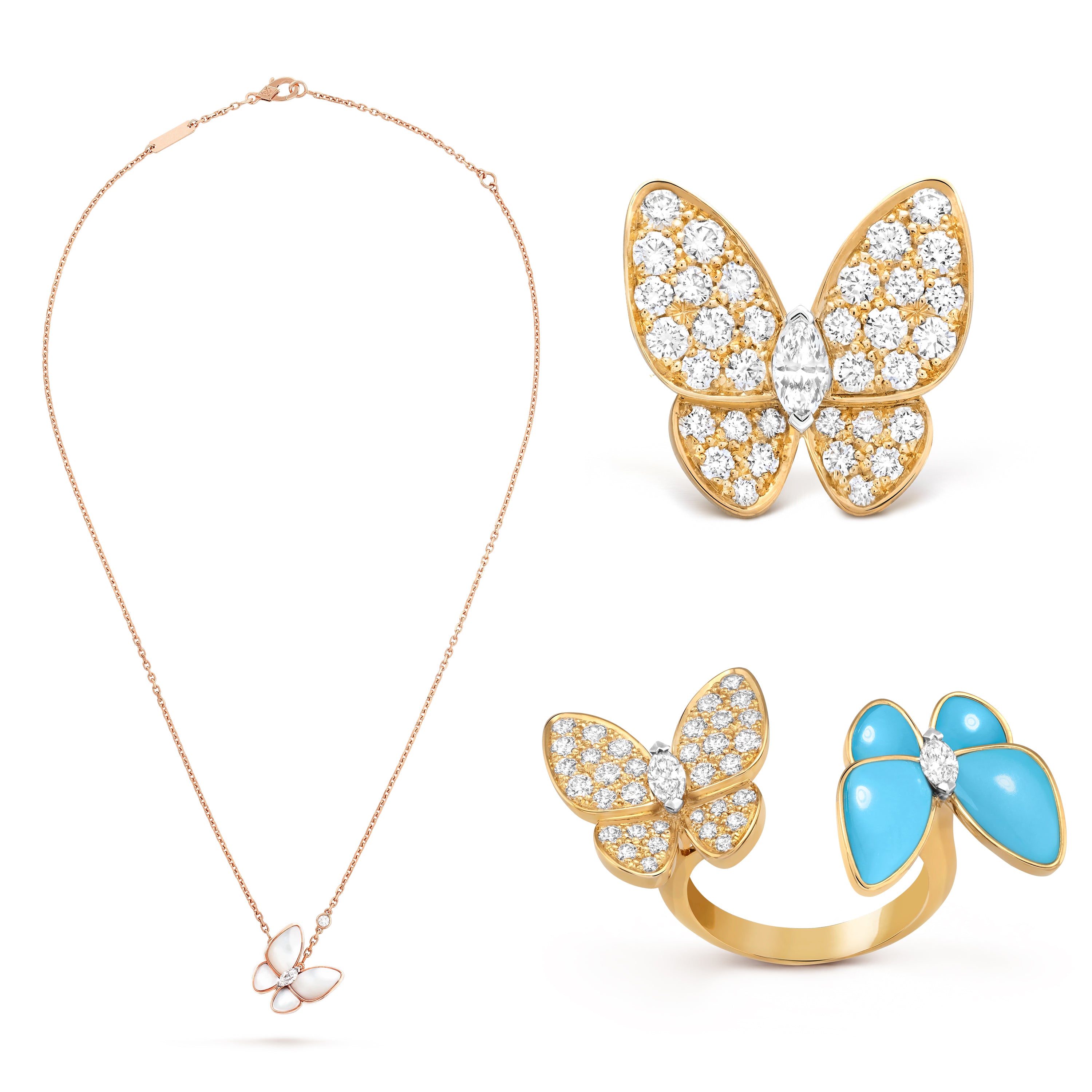 Women's Exquisite And Elegant V-Gold Material Two Butterfly Finger Ring. Pendant Necklace. Earring Set Accessories #71634