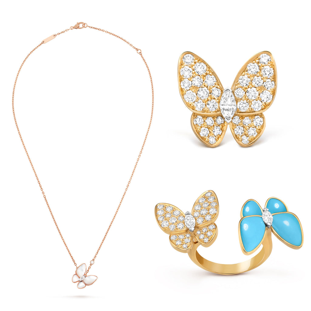 Women's Exquisite And Elegant V-Gold Material Two Butterfly Finger Ring. Pendant Necklace. Earring Set Accessories #71634