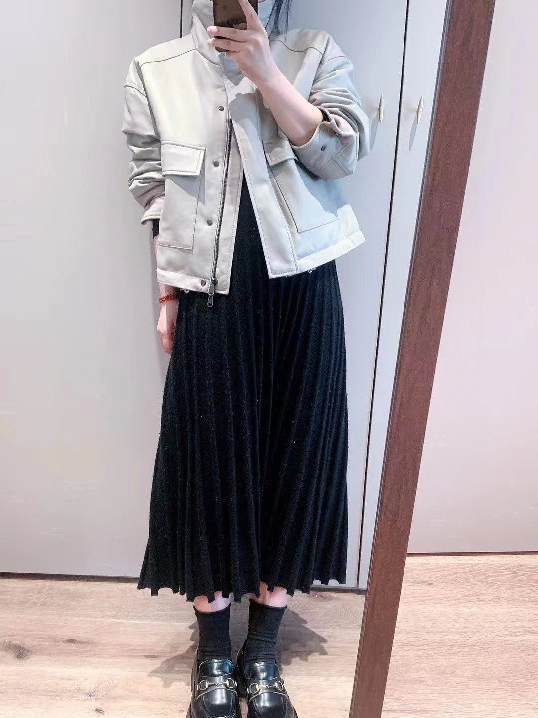 Women's Winter Beige Fur Collar Silhouette Soft Napa Lambskin Long Sleeve Leather Jacket #98471