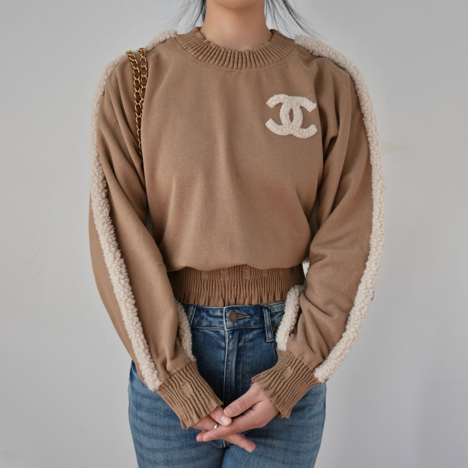 Women's Autumn and Winter Solid Color Lamb's Wool Patch Cotton Twill Round Neck Long Sleeve Pullover Sweatshirt #73963