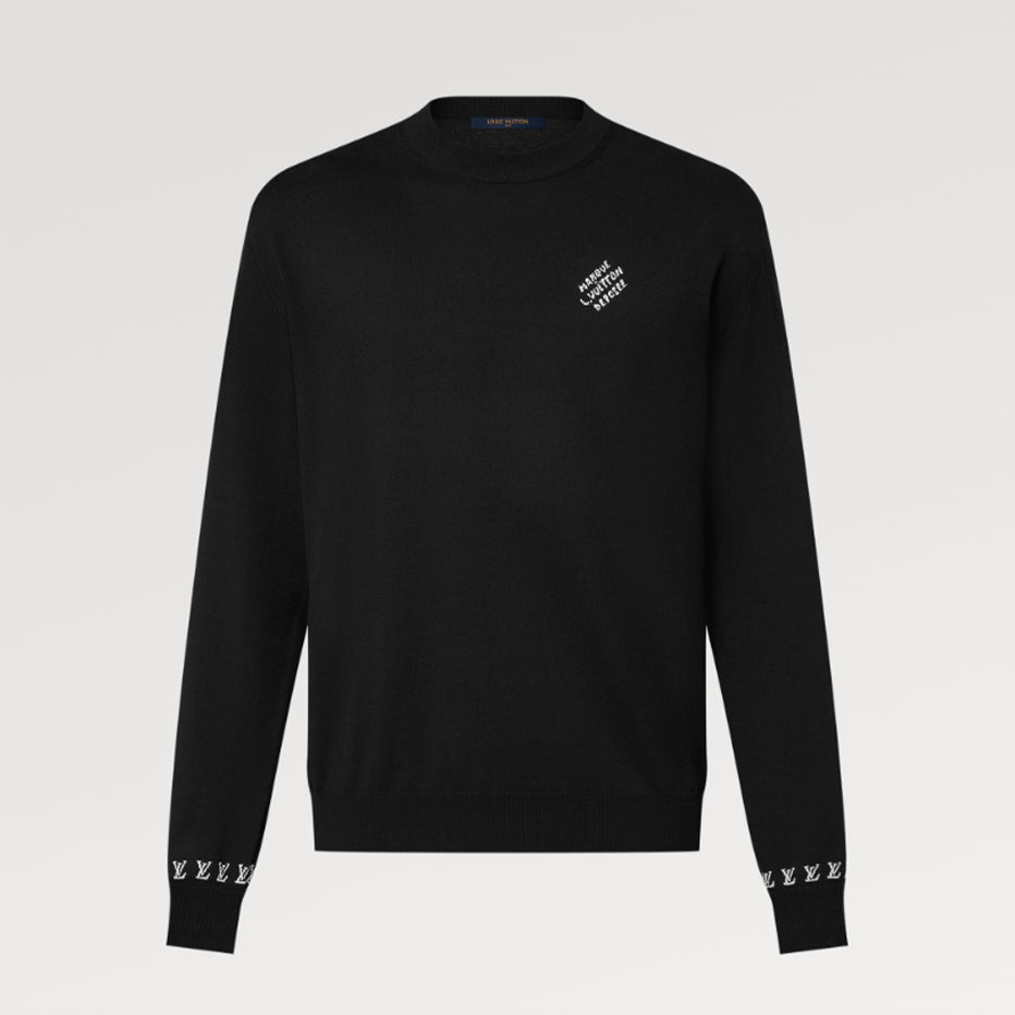 Men's Spring And Fall Logo Printed Crew Neck Black Cotton Long Sleeve Fitted Sweater #71473