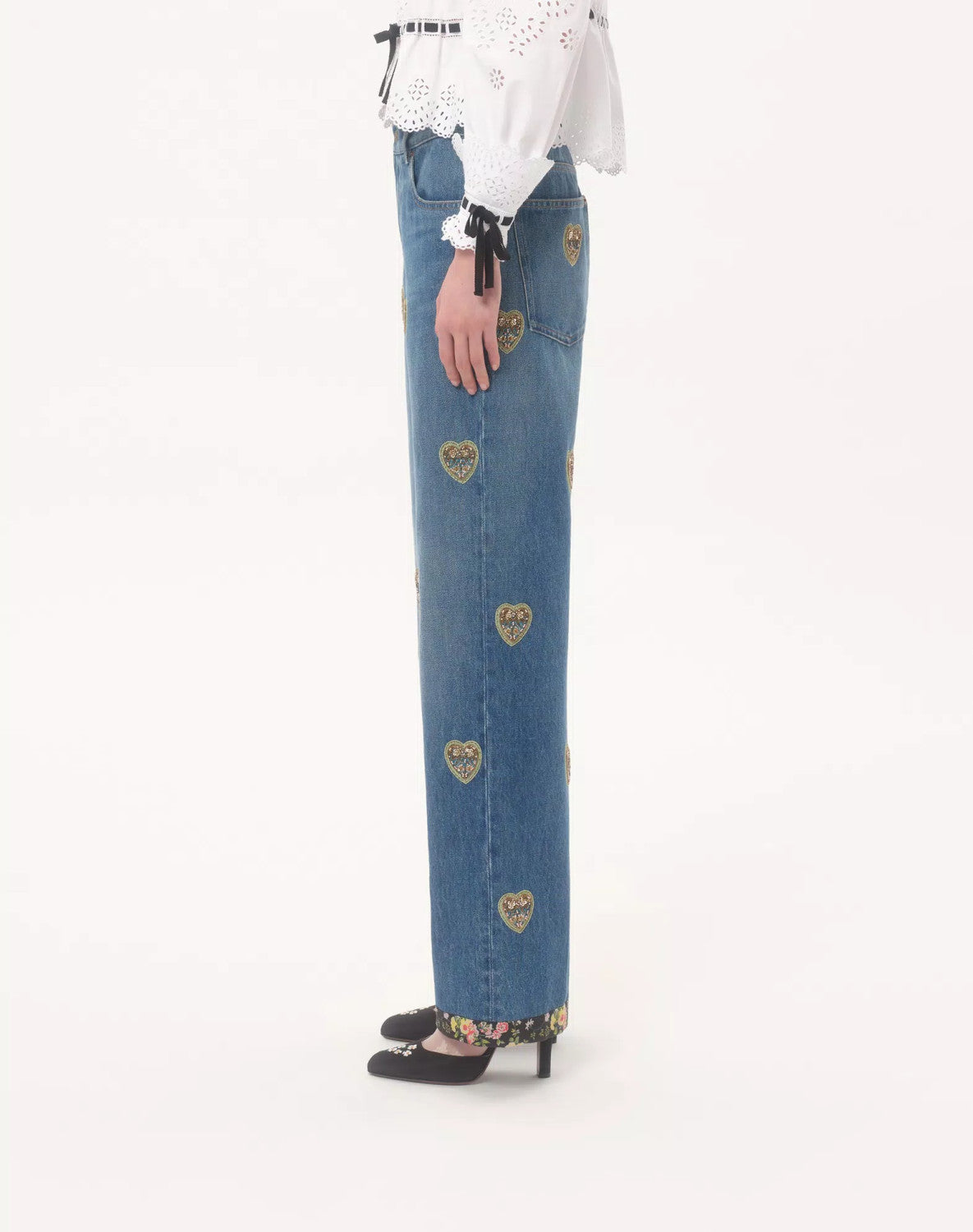 Women's Four-Season Vintage Heart-Shaped Embroidered Floral Beaded Solid-Color Denim Jeans Pants Ngvp #2379