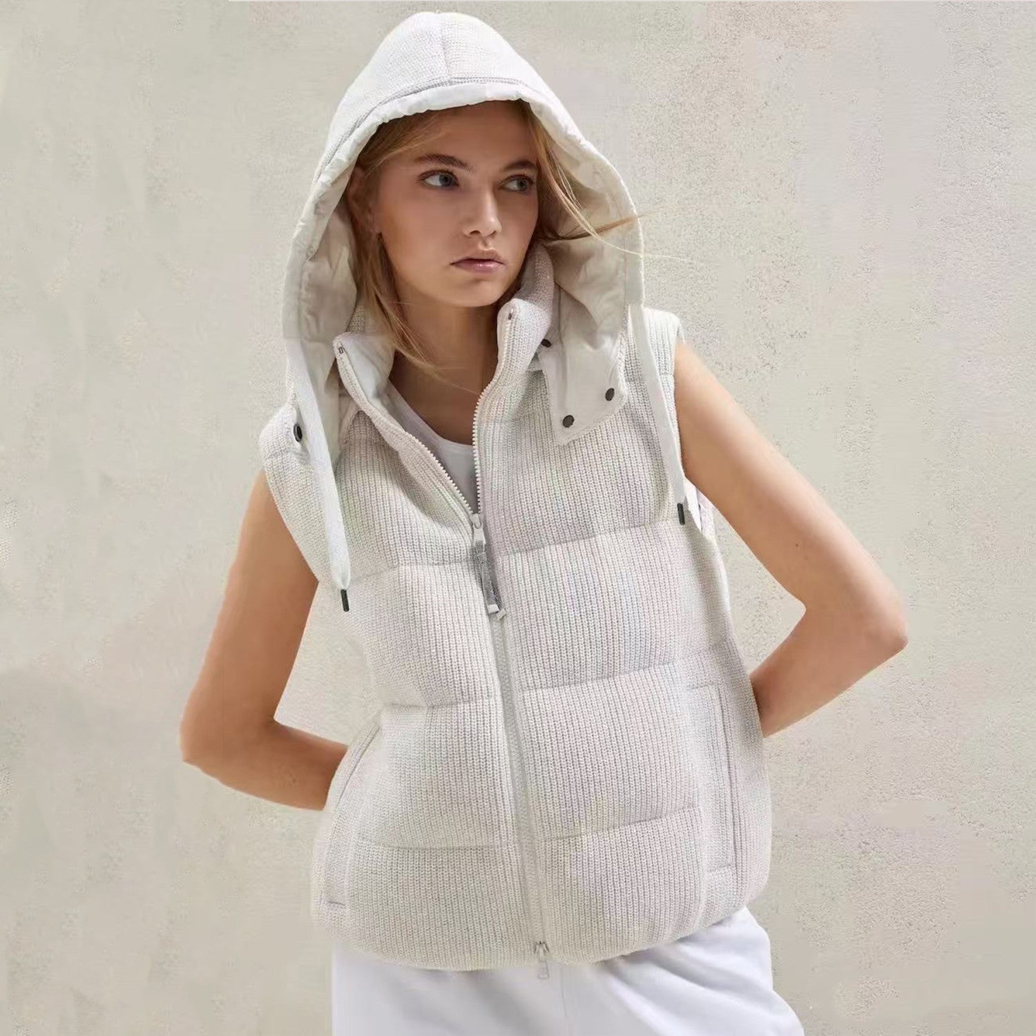 Women's Fall/winter Cotton British Ribbed Knit Down Vest Hooded Drawstring Sleeveless Jacket Ngvp #2417