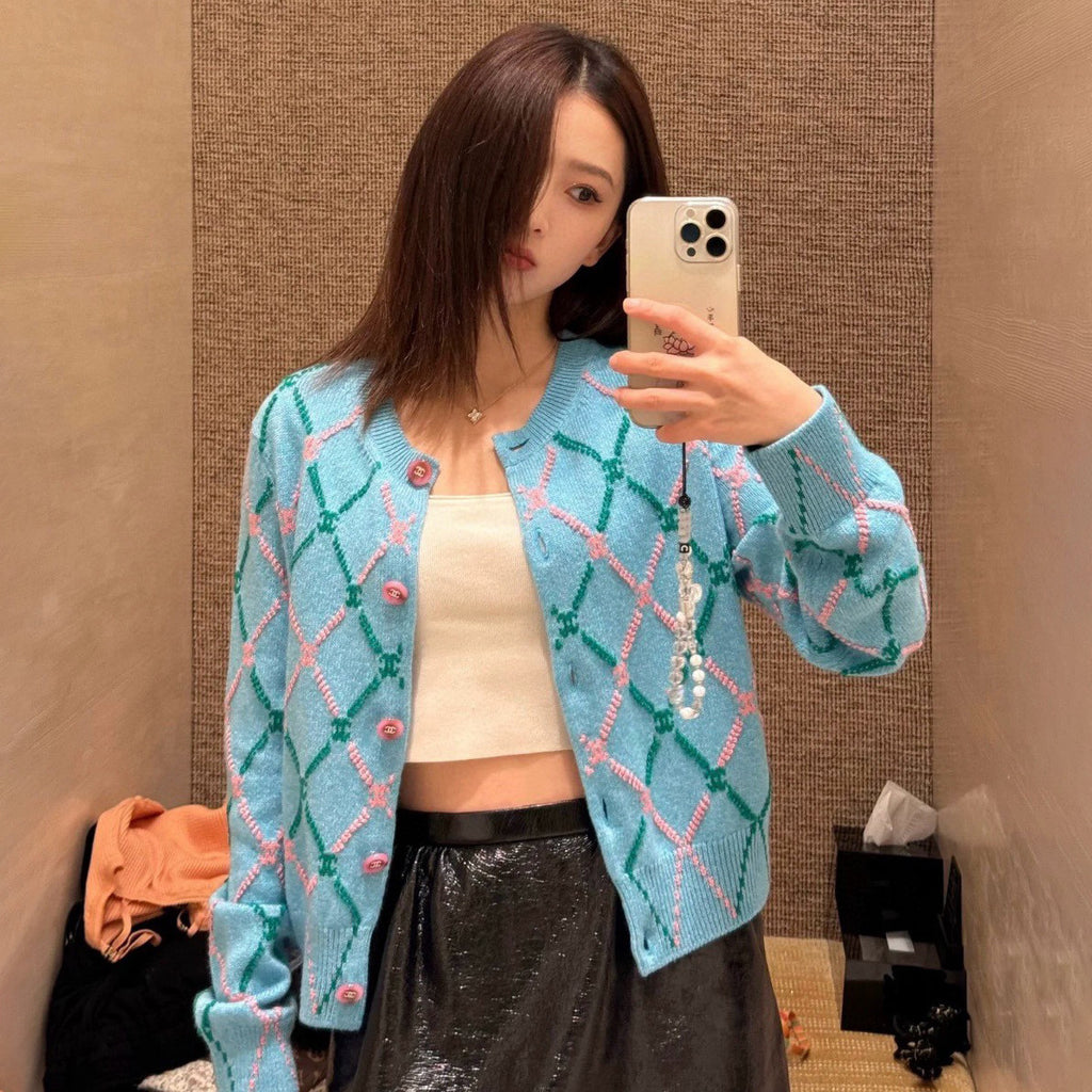 Women's Spring And Fall Shirt Logo Jacquard Letters Single-breasted Wool Knit Sweater Jacket #73326