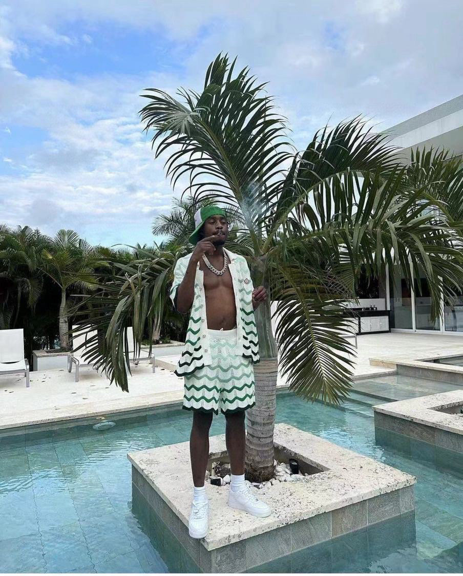 Men's Summer Wave Stripe Single Breasted Knit Short Sleeve Shirt Cotton Shorts Pants Suit Set #98831