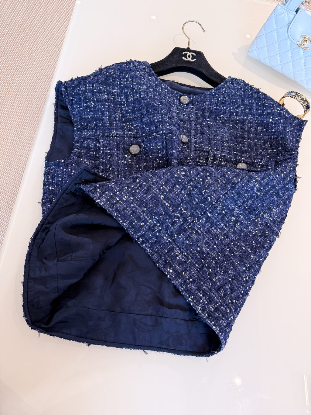 Women's Spring And Summer Sequins Tweed Single-Breasted Solid Color Round Neck Sleeveless Vest Ngvp #1933