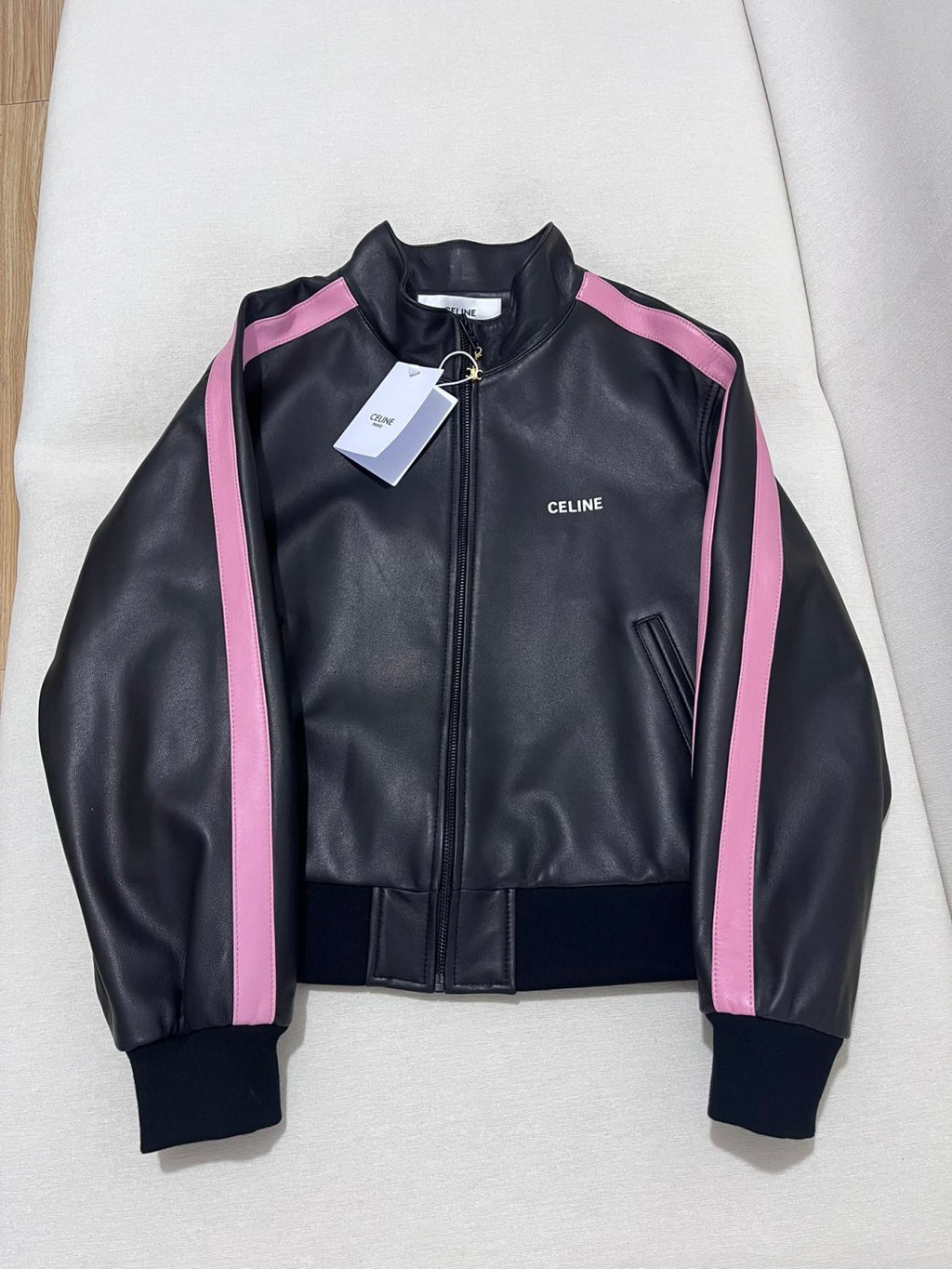 Women's Spring and Autumn Alphabet Logo Printed Striped High Neck Zipper Leather Jacket Elastic Low Waist Pants Suit Set #72526