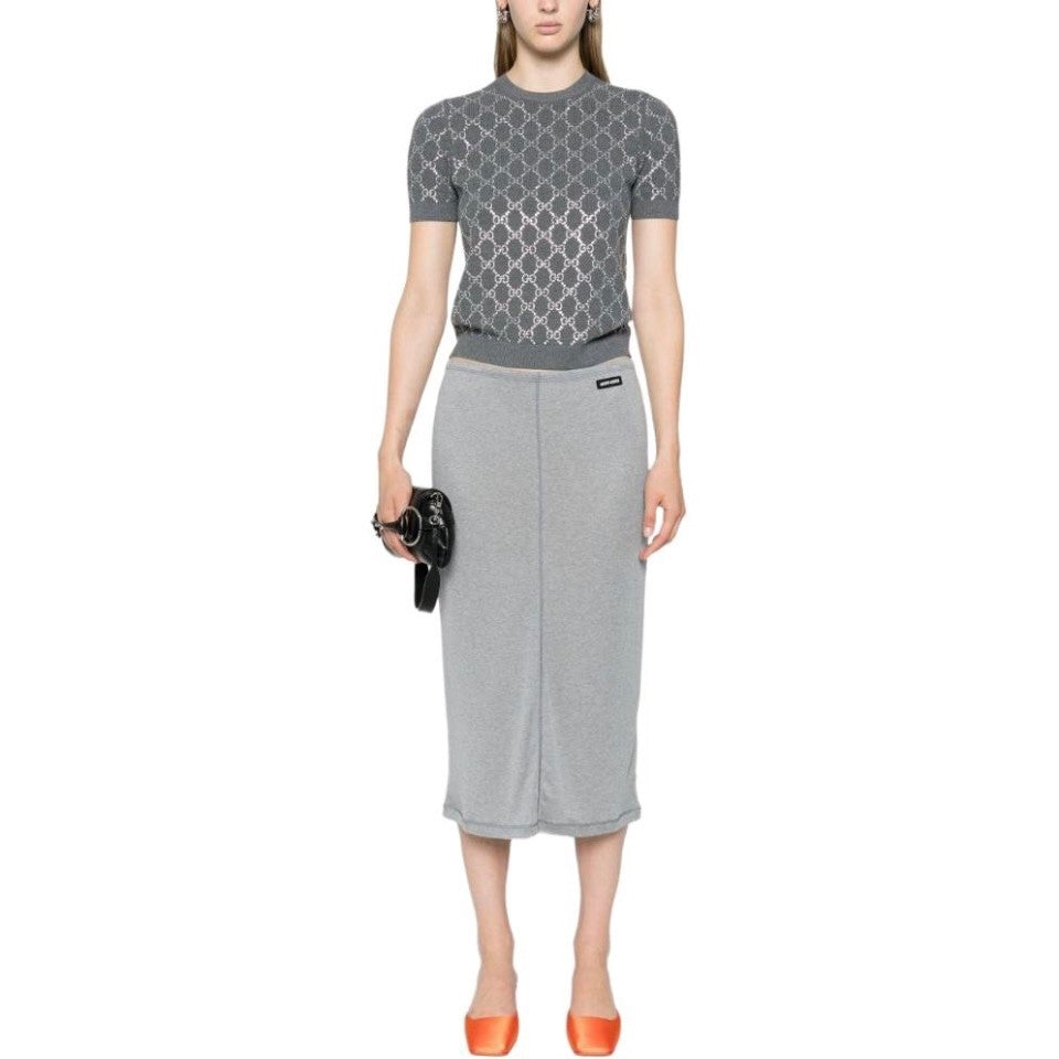 Women's Summer Gray Letter Logo Rhinestone Decoration Slim Short Sleeve Knit T-Shirt #72992