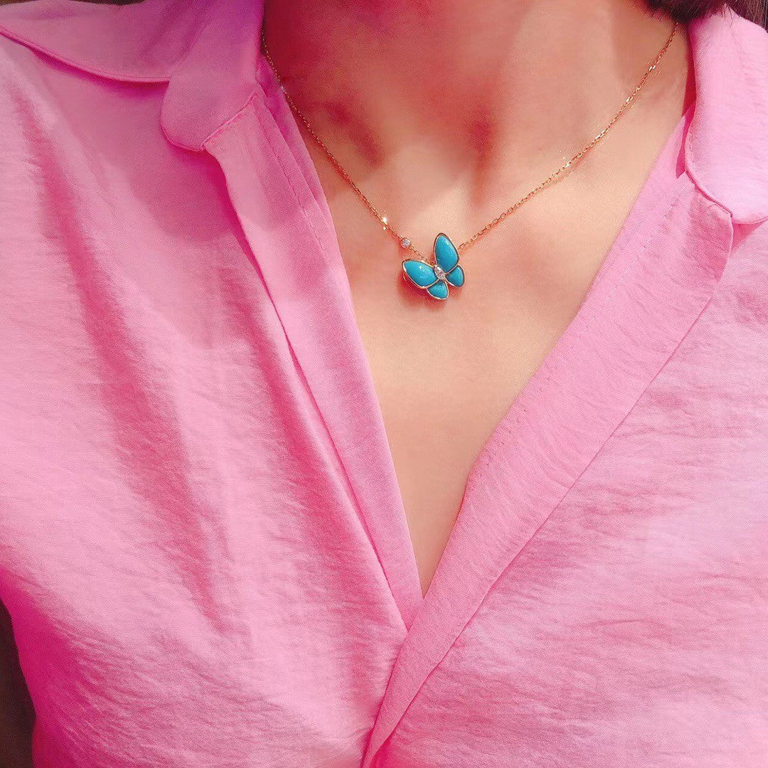 Women's Exquisite And Elegant V-Gold Material Two Butterfly Finger Ring. Pendant Necklace. Earring Set Accessories #71634