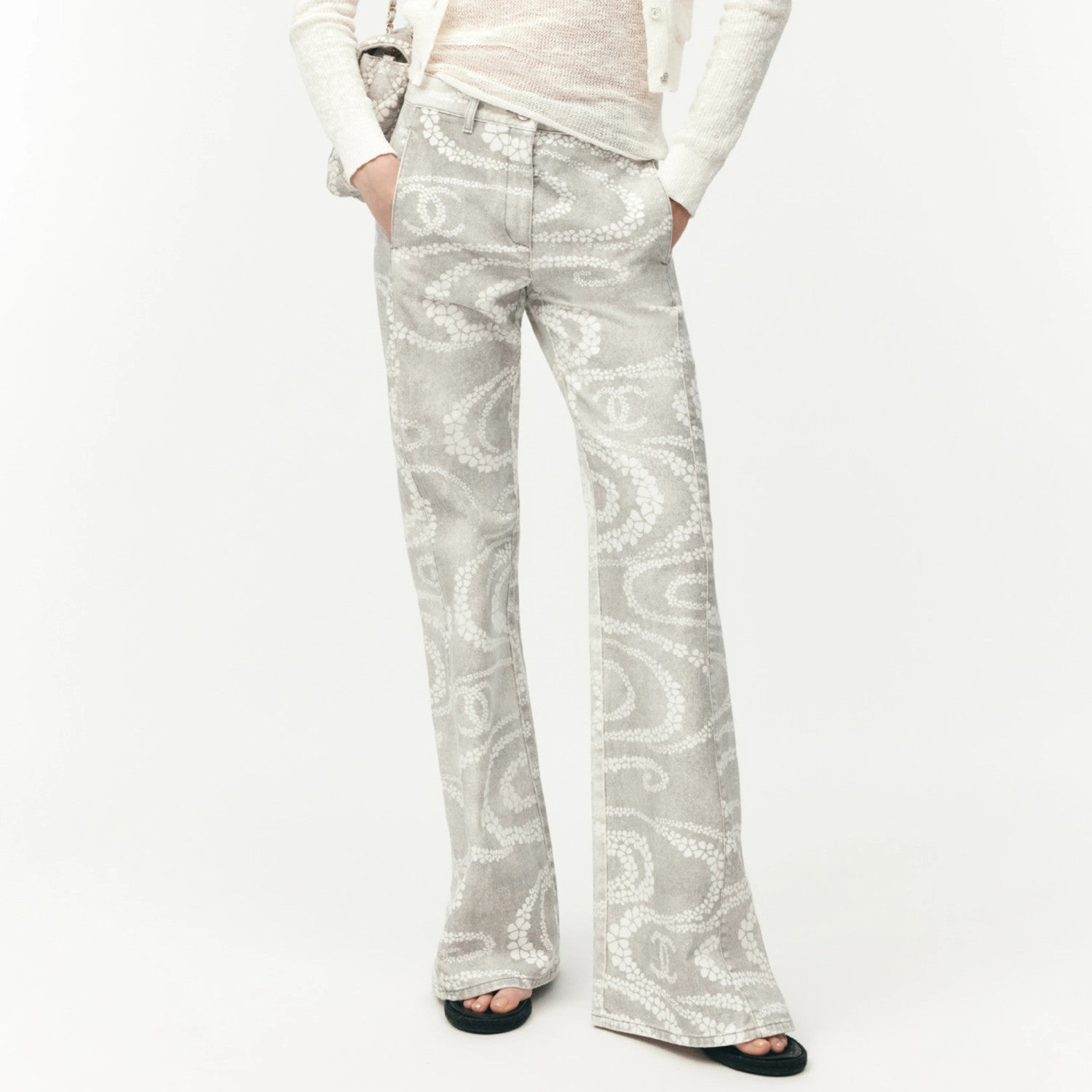 Women's Coco Beach Ready-to-wear Collection Wave Print Micro Flare Pants Fashionable Temperament Elegant Low-rise Jeans Ngvp #1734