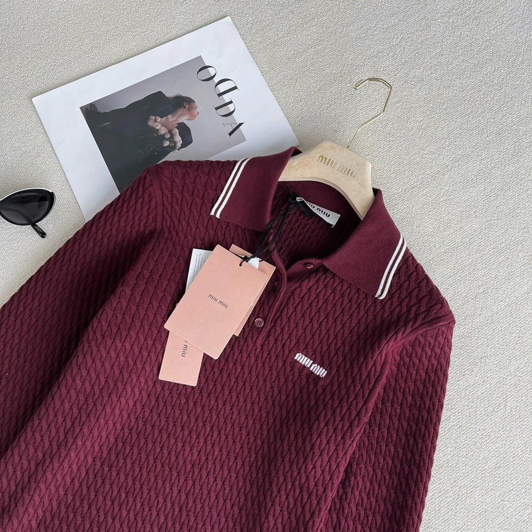 Women's Spring & Autumn Striped Trim Logo Long Sleeve Knit Polo Shirt Knit Shirt #72993